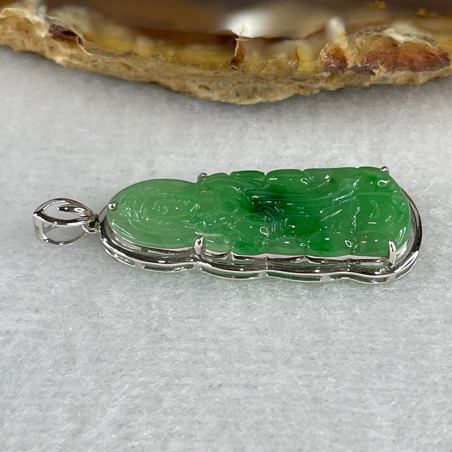 Certified Type A Semi Icy Spicy Green Jadeite Guan Yin Pendant Setting 18k White Gold 2.68g 37.0 by 12.3 by 5.3mm - Huangs Jadeite and Jewelry Pte Ltd