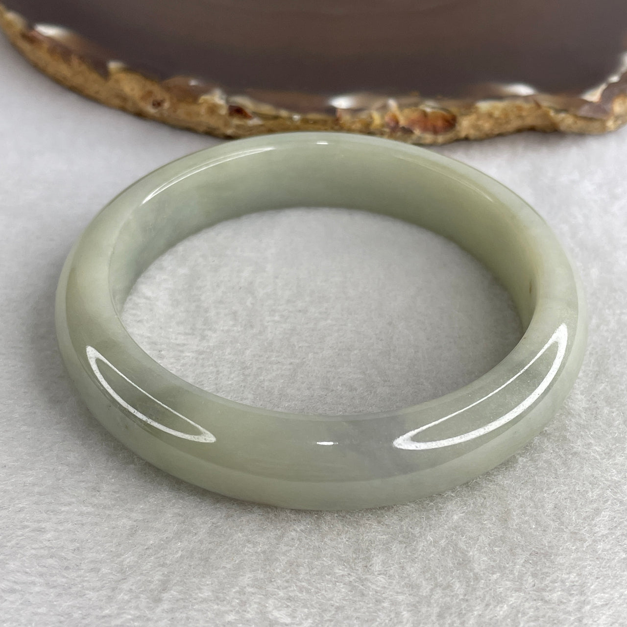 Natural Type A Translucent Multicolor Jadeite Bangle | 58.5mm Light Green & Lavender Patches with Earthy Brown Spot | Very Very Slight Internal Lines "San Cai" Round Wrist Heirloom (61.47g 13.0x8.7mm)