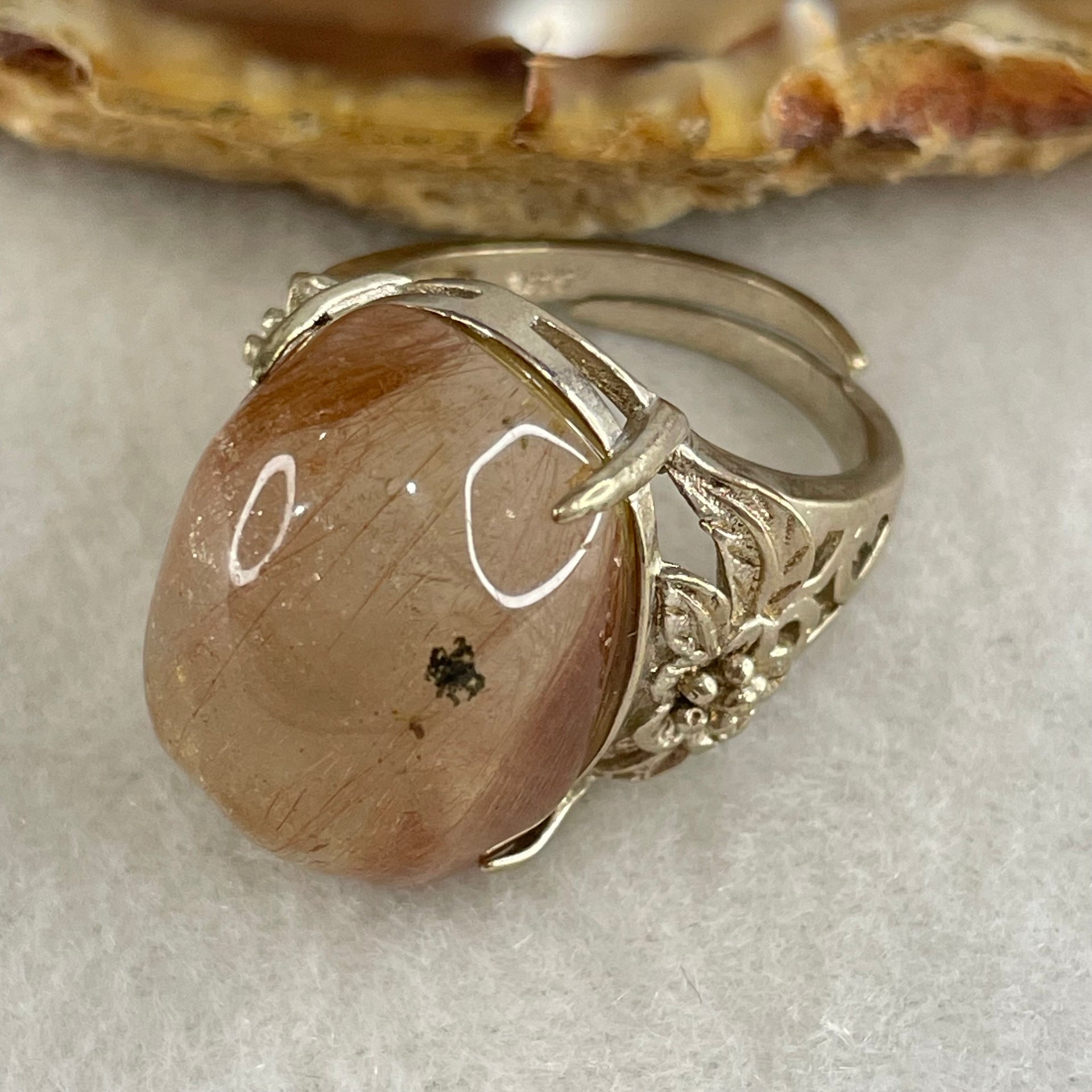 Average Grade Natural Copper Rutilated Quartz Cabochon in S925 Silver Flower design Ring (Adjustable Size) 8.20g 19.0 by 14.1 by 11.5mm - Huangs Jadeite and Jewelry Pte Ltd