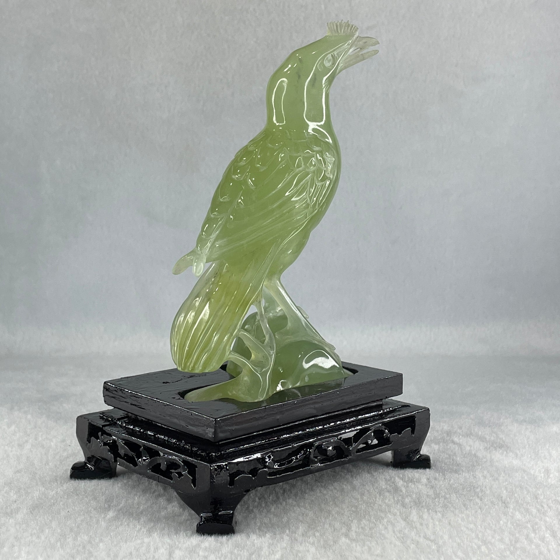 Natural Green Serpentine Javan Mynah Birds on Tree with Wooden Stand Display 291.4g 99.0 by 153.8 by 78.0mm - Huangs Jadeite and Jewelry Pte Ltd