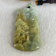 Natural Type A Yellowish Green with Sky Blue Jadeite Shan Shui with Gui Ren Benefactor Pendant 76.29g 67.4 by 43.0 by 12.0mm - Huangs Jadeite and Jewelry Pte Ltd