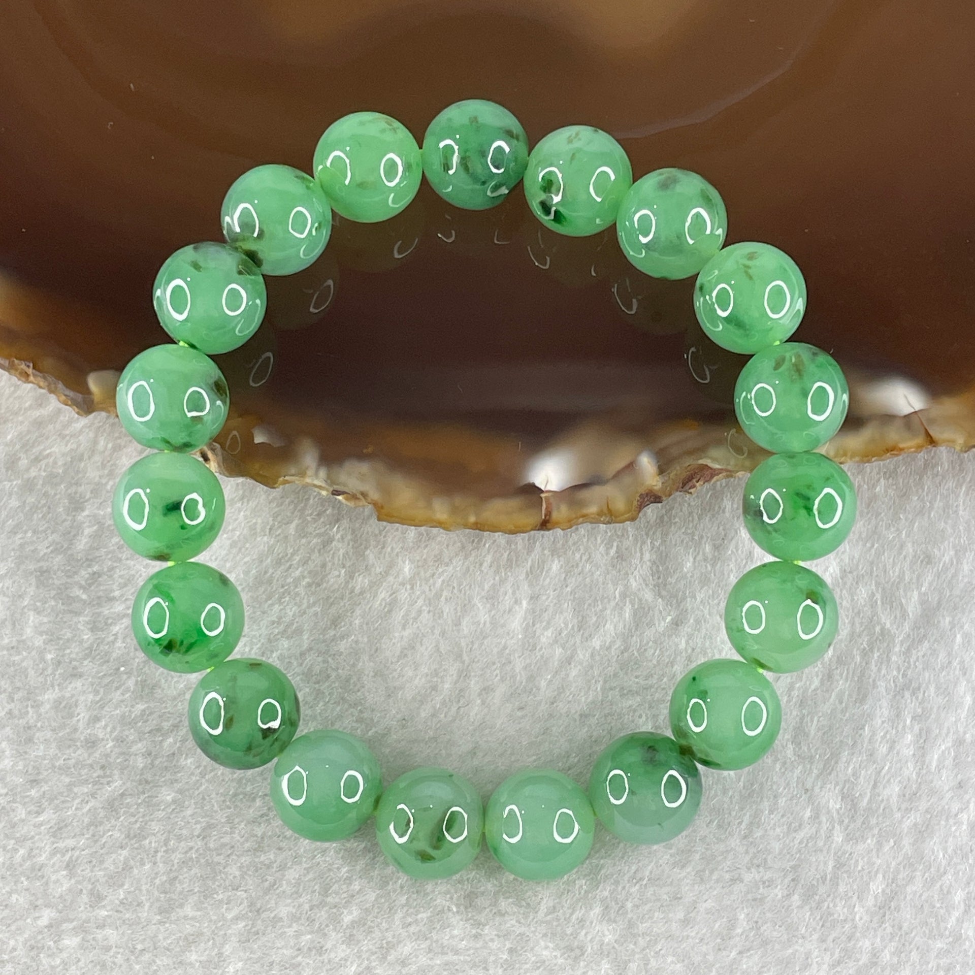 Certified High Quality Type A Semi Icy Green Jade Jadeite Bracelet 32.48g 10.0mm bead 19 beads 15.5cm, - Huangs Jadeite and Jewelry Pte Ltd