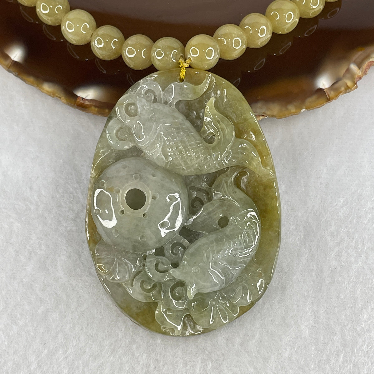 Natural Type A Brownish & Green Jadeite Double Carp Fish with Prosperity Flowers Pendant Necklace | 62cm 78 Beads 8.5mm Brownish Jadeite Beads (151.51g | 63.1×46.2×16.0mm | Earth Element Stability, Abundance & Wealth Overflow Shield)