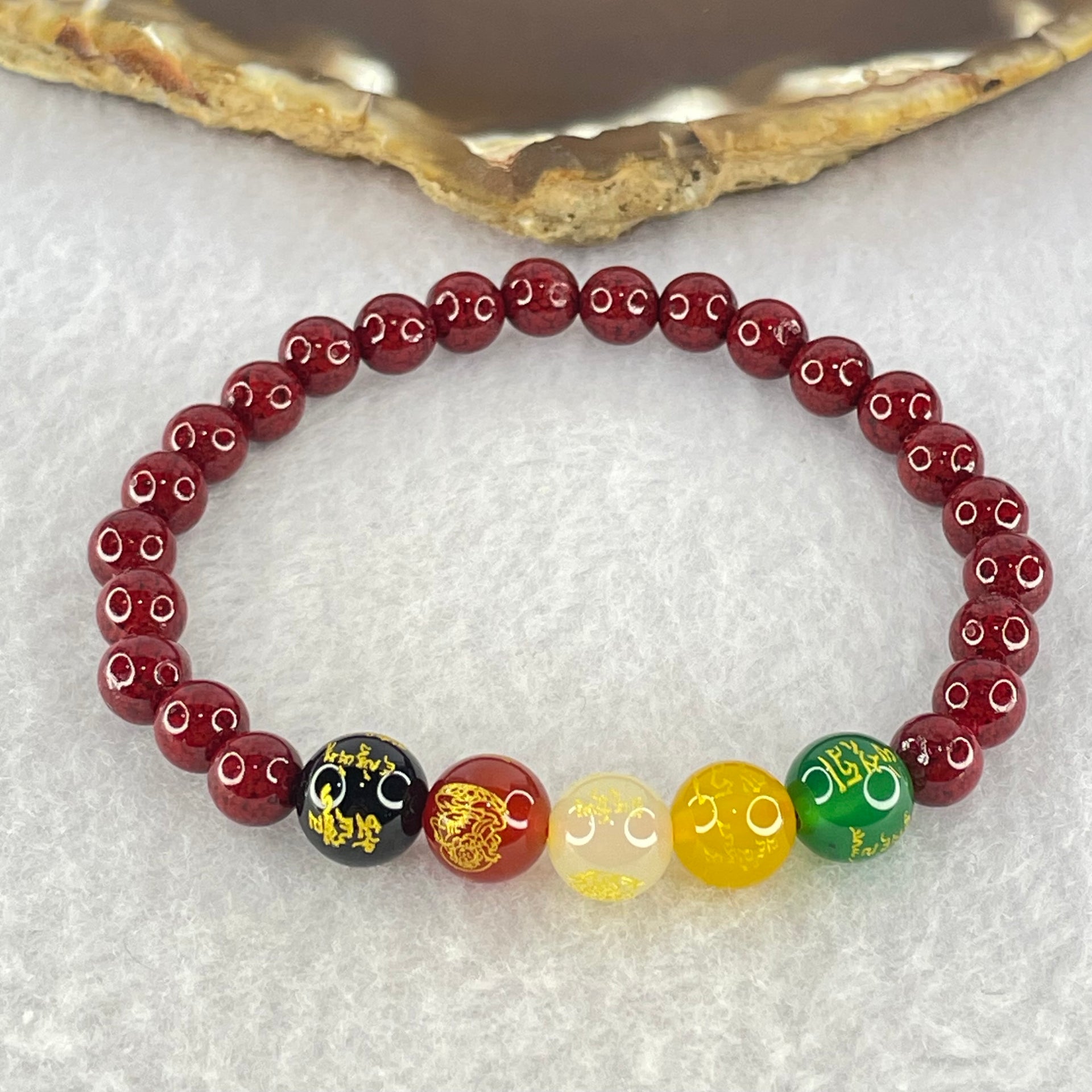 Natural Blood Red Cinnabar with Crystal Beads Bracelet with Wealth Beads 11.74g 15.5cm 8.5mm 5 Beads, 6.2mm 23 Beads - Huangs Jadeite and Jewelry Pte Ltd