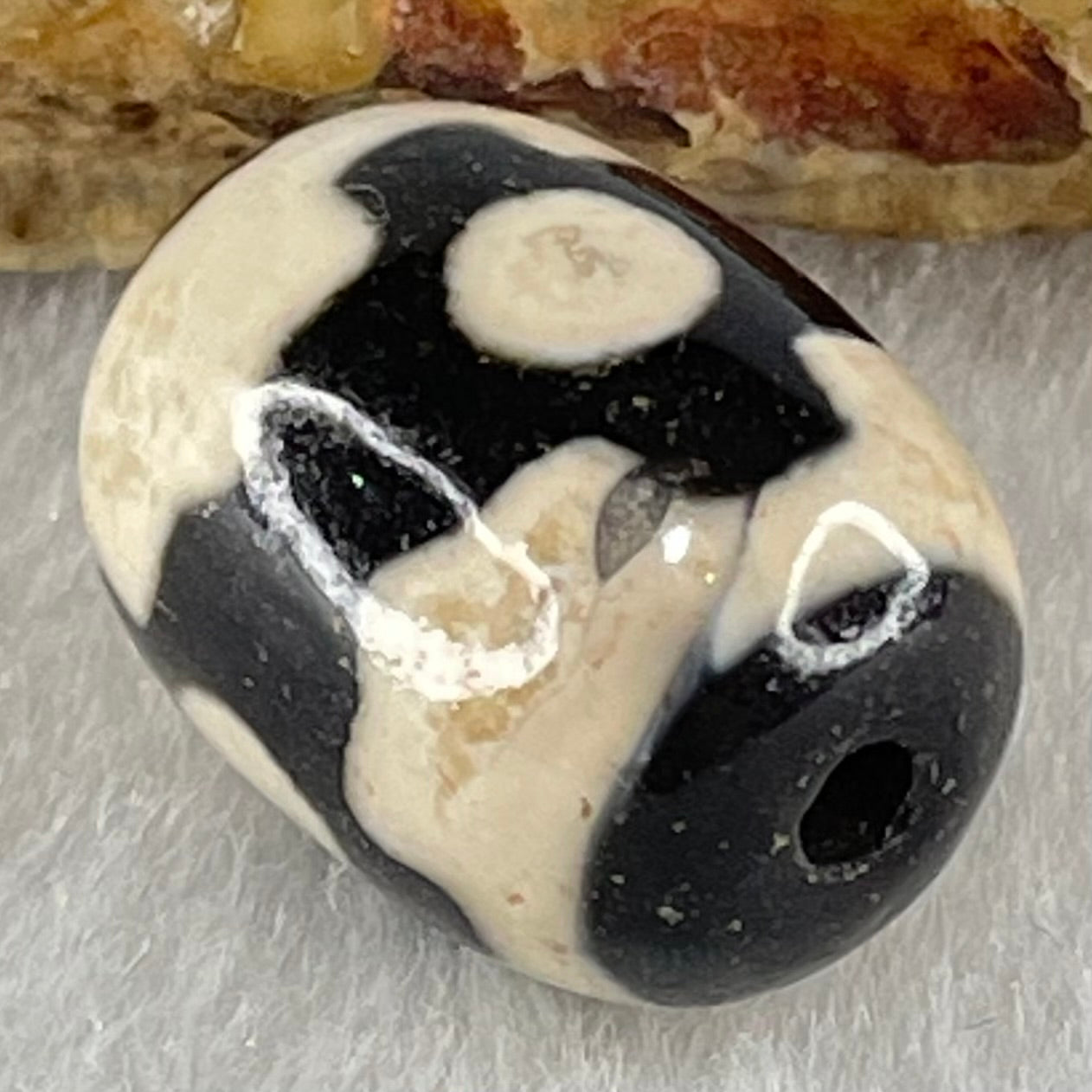 Natural Powerful Tibetan Old Oily Dark Brown With White Agate 3 Eyes Dzi Bead Heavenly Master (Tian Zhu) 三眼天诛 4.90g 17.8 by 13.5mm - Huangs Jadeite and Jewelry Pte Ltd
