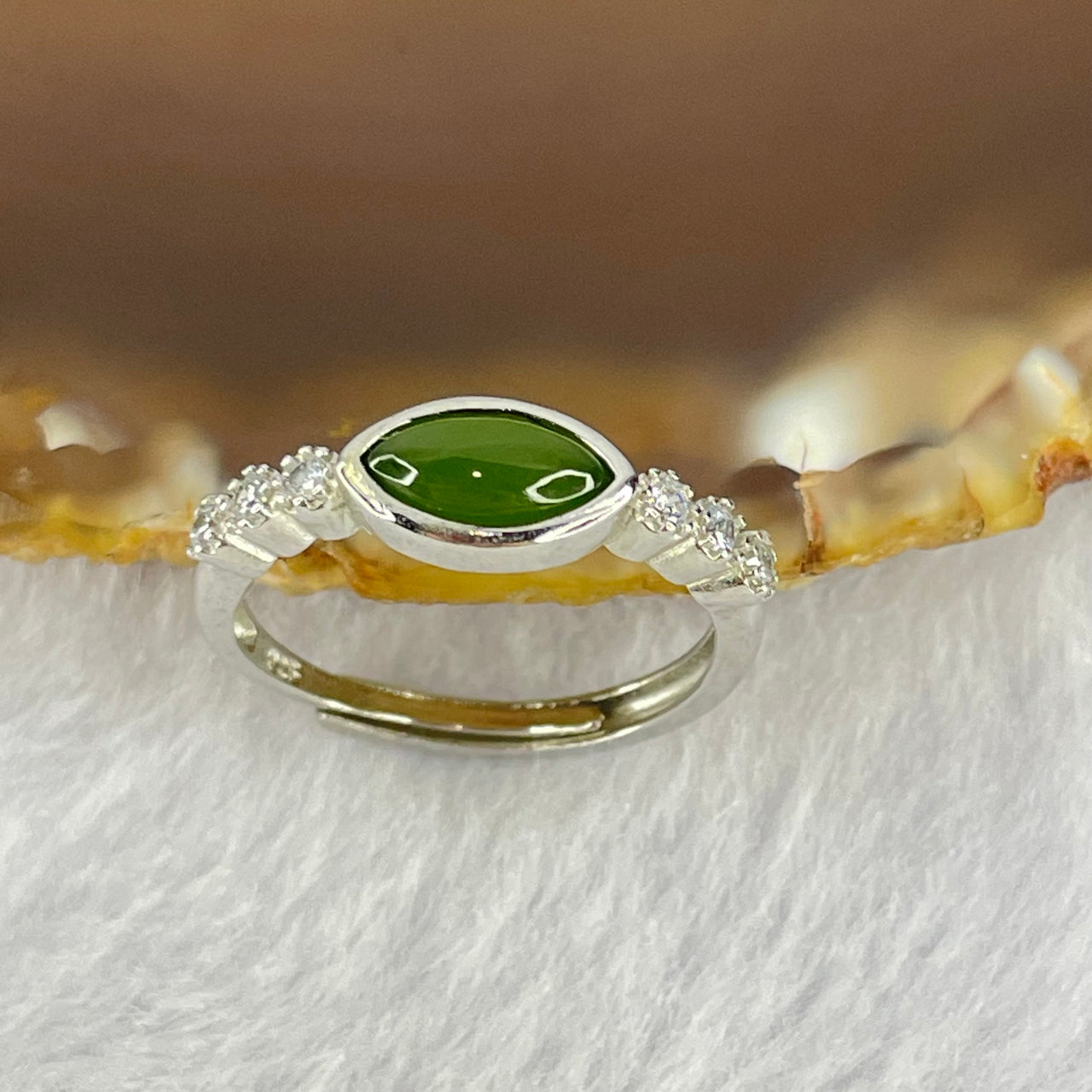 Natural Green Nephrite with Crystals In S925 Sliver Ring (Adjustable Size) 1.66g 8.2 by 4.0 by 2.2mm - Huangs Jadeite and Jewelry Pte Ltd