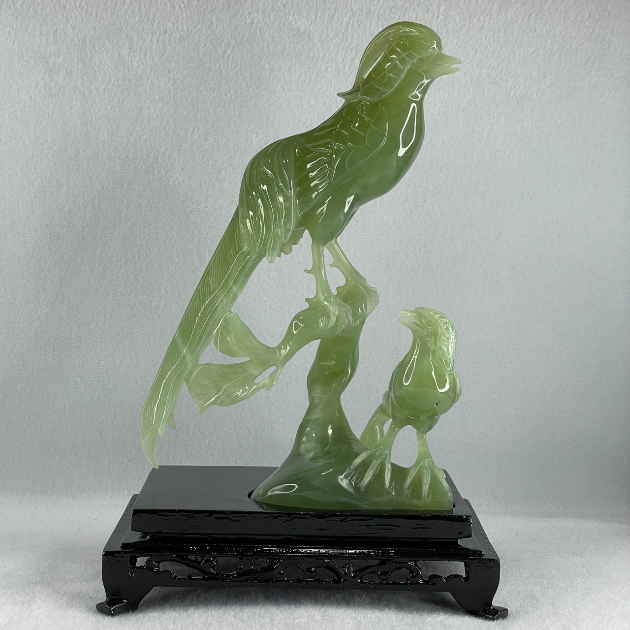 Natural Green Serpentine Phoenix with Bird with Wooden Stand Display 678.9g L155.0 by B105.0 by H226.0 mm
