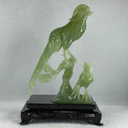 Natural Green Serpentine Phoenix with Bird with Wooden Stand Display 678.9g L155.0 by B105.0 by H226.0 mm - Huangs Jadeite and Jewelry Pte Ltd