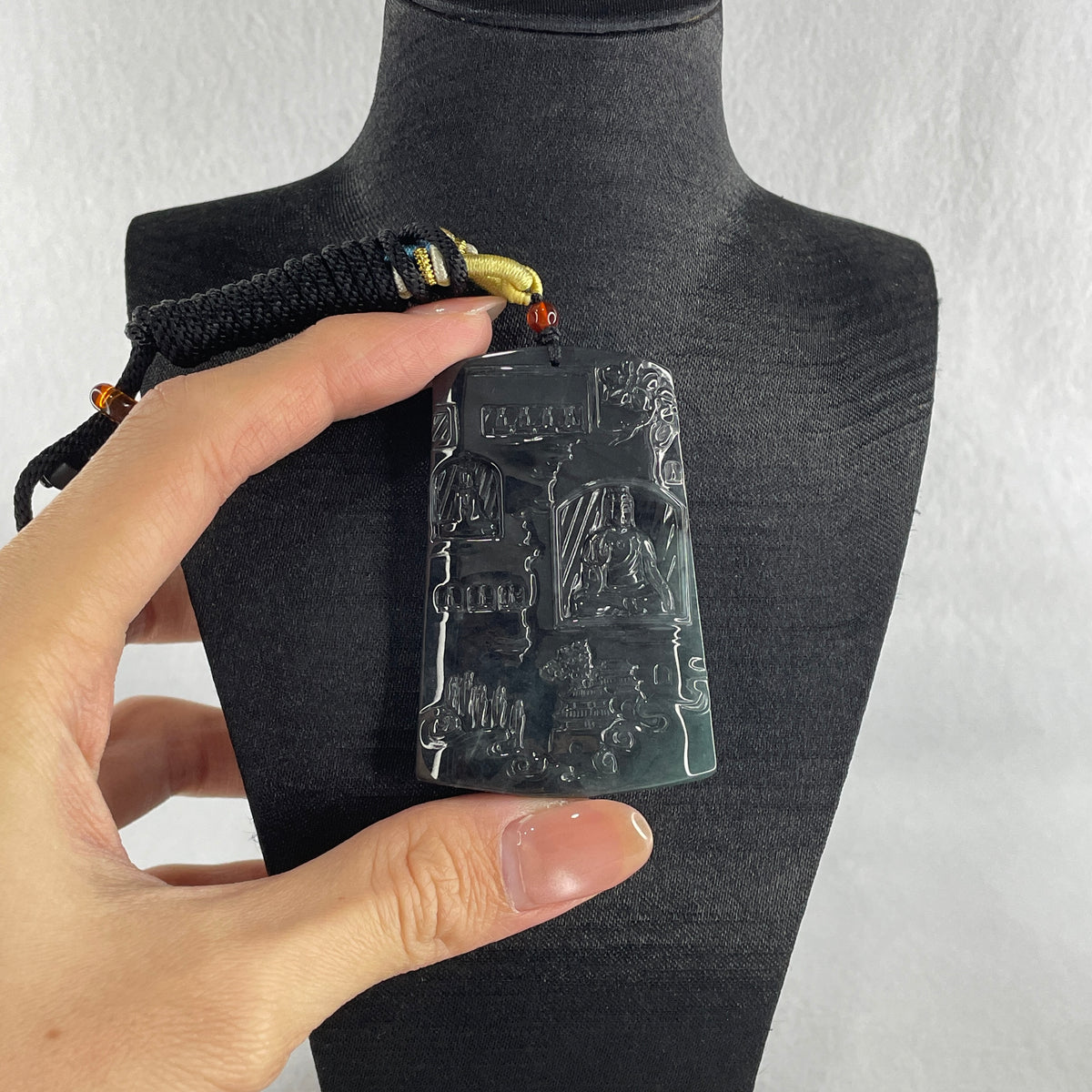 Natural Type A Wuji Grey with Blueish Green Jadeite Buddha on Shan Shui & Gui Ren Pendant | (51.77g | 62.0 x 40.8 x 7.8mm | Joy, Infinite Wealth & Noble Benefactor Anchor, Feng Shui Sovereign Masterpiece) - Huangs Jadeite and Jewelry Pte Ltd