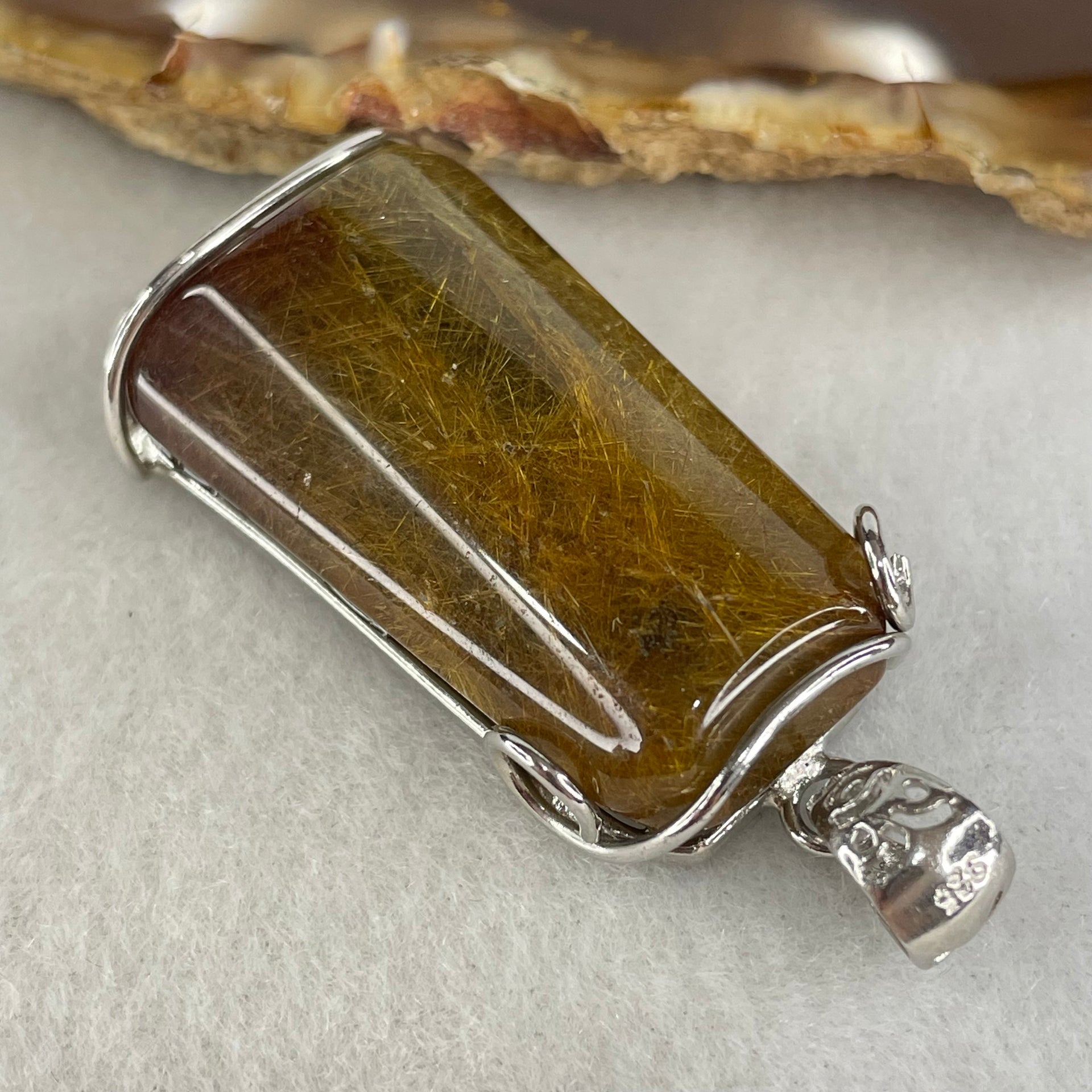 Good Grade Natural Copper Rutilated Quartz Rectangle Shape in S925 Silver Pendant 16.69g 35.0 by 19.8 by 12.9mm - Huangs Jadeite and Jewelry Pte Ltd
