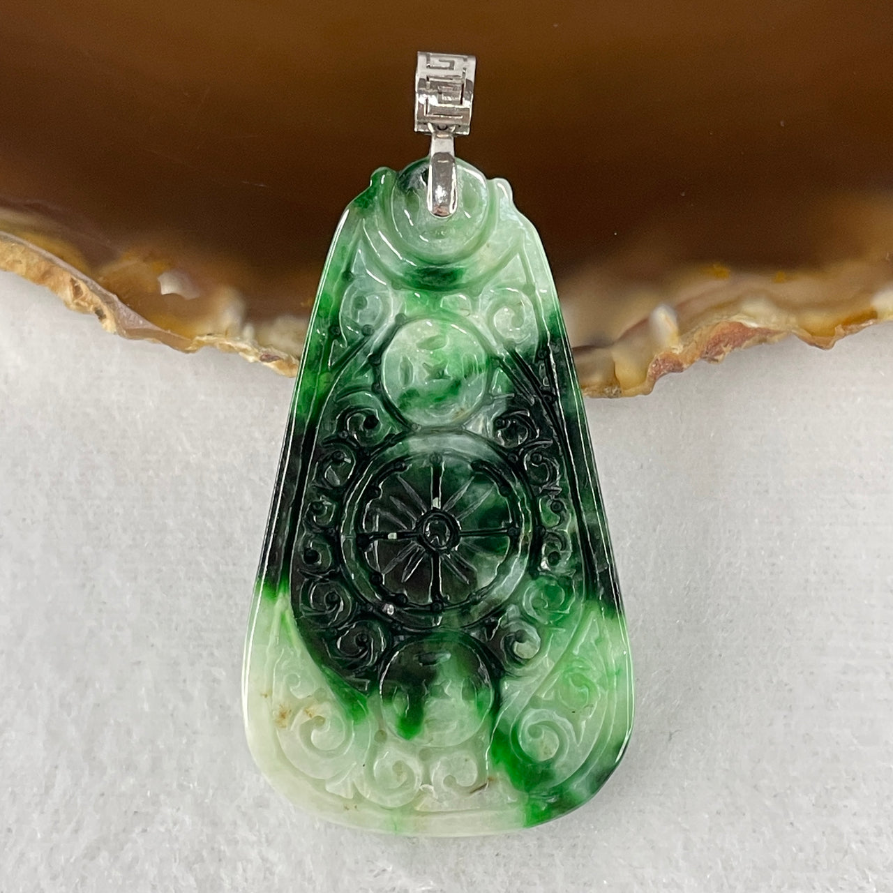 Certified Natural Type A Multi-Tone Green, Old Mine & Spicy Green Piao Hua Jadeite Flower Pendant | "Fu" Blessing & Wealth Coin Motif | Authentic Myanmar Feicui Infinite Abundance & Sovereign Good Fortune Amulet (11.85g | 45.0x26.9x4.3mm)