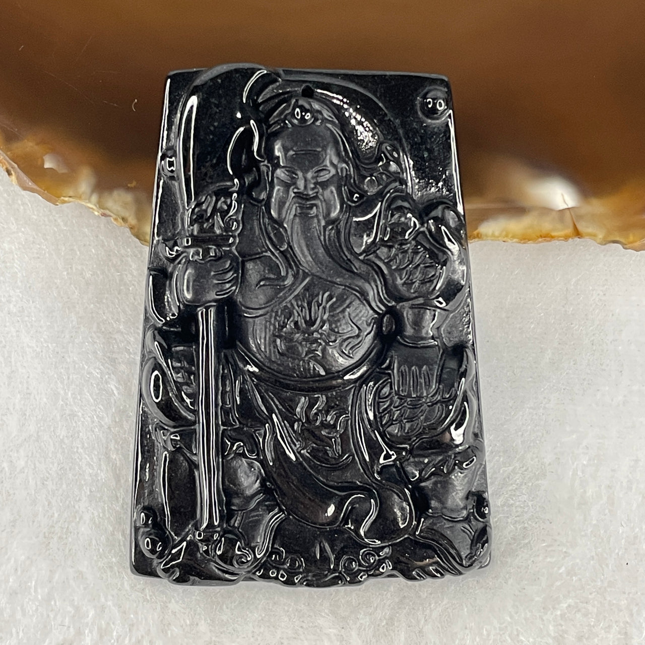 Certified Type A Opaque Black Omphacite Jadeite Guan Gong Pendant | 58mm Natural Black Jade Martial God of Wealth & Integrity Talisman (31.66g | 58.0 x 41.3 x 8.0mm)