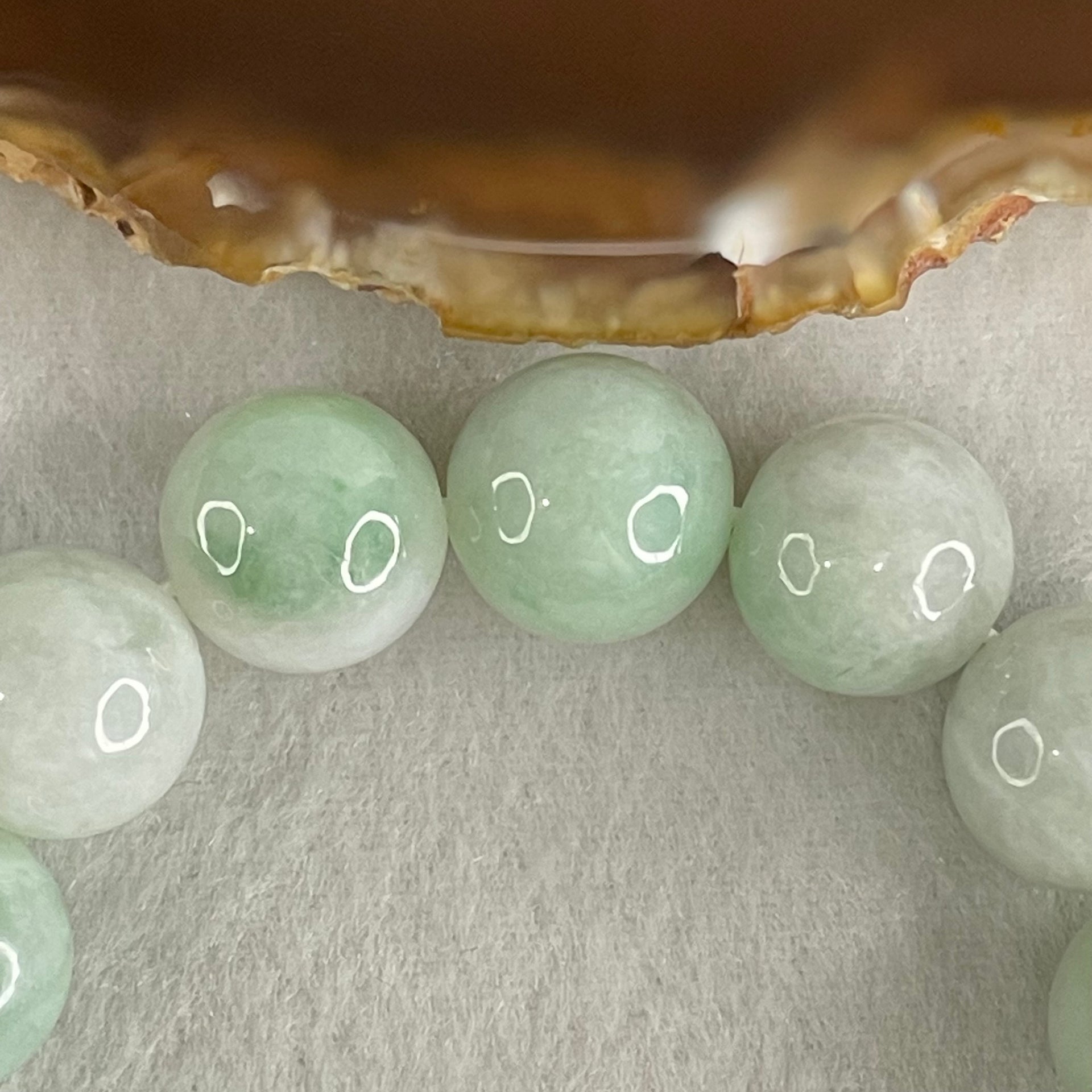 Type A Light Green with Light Lavender Jadeite Beads Bracelet 78.22g 17cm 14.8mm 15 Beads (Some Internal Lines) - Huangs Jadeite and Jewelry Pte Ltd