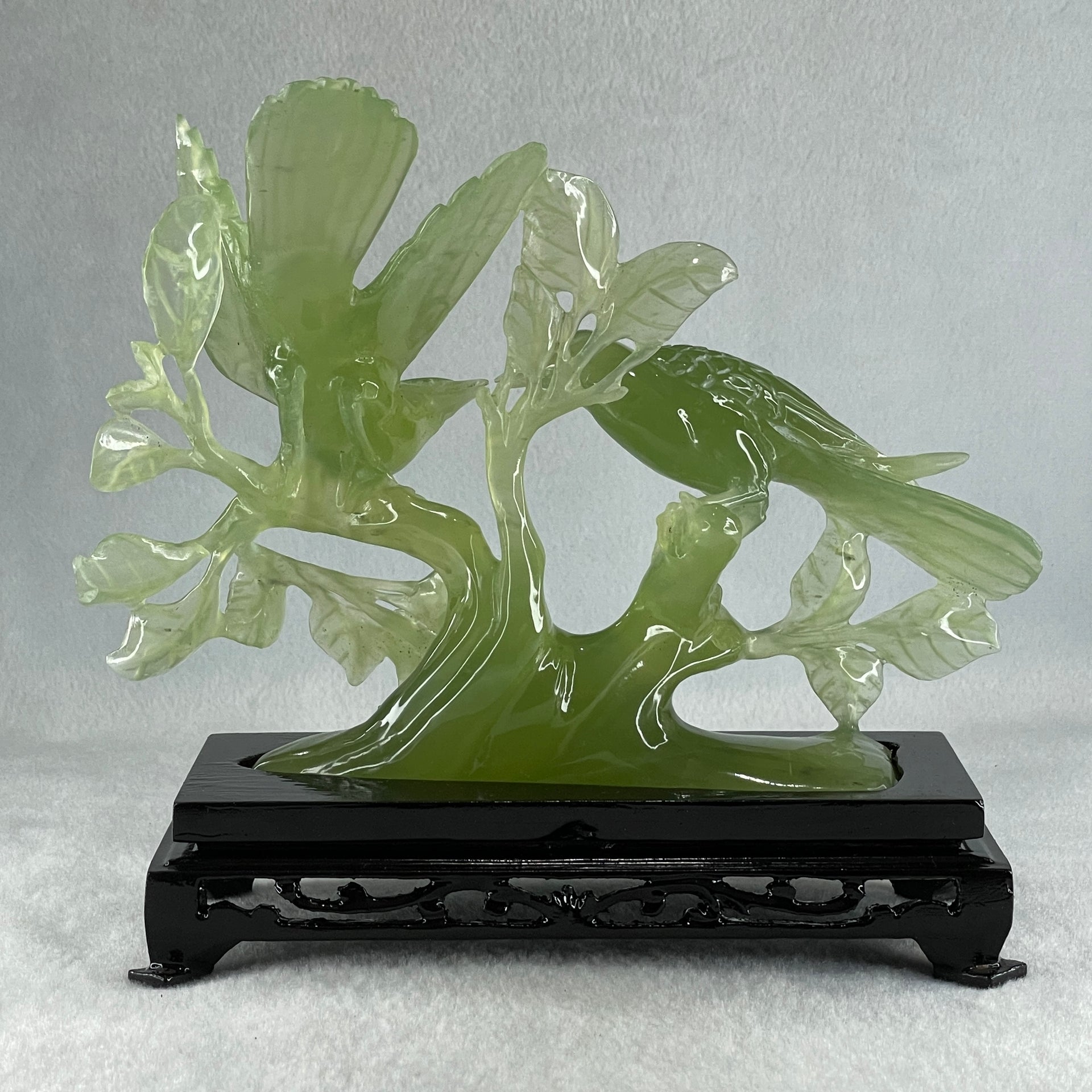 Natural Green Serpentine Double Magpies Birds on Tree with Wooden Stand Display 500.5g 195.0 by 80.0 by 170.0mm - Huangs Jadeite and Jewelry Pte Ltd