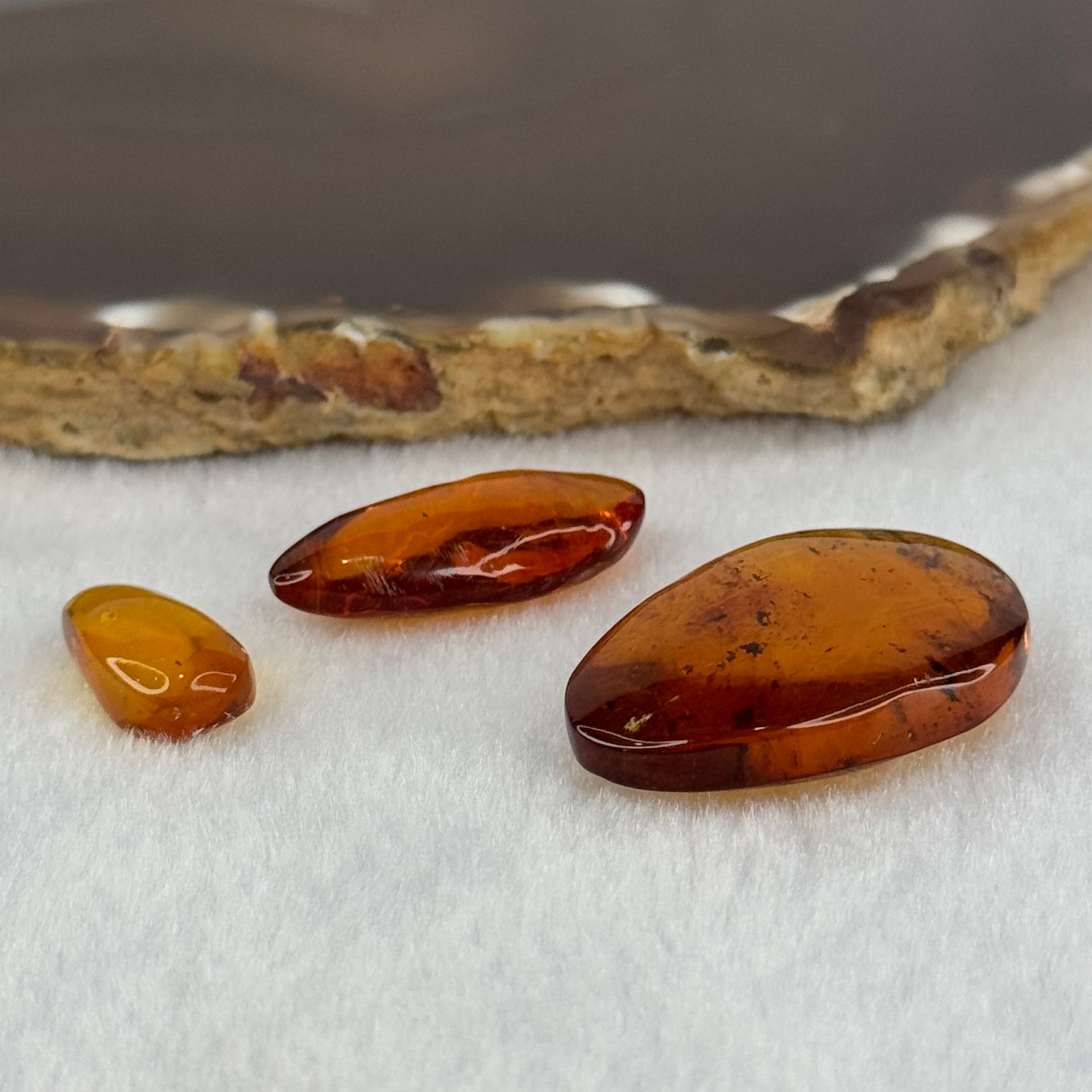 Natural Amber for Setting (Set of 3) 3.44g 30.8 by 21.3 by 8.6mm 1.08g 25.4 by 11.4 by 6.7mm 0.56g 17.2 by 9.2 by 5.9mm - Huangs Jadeite and Jewelry Pte Ltd