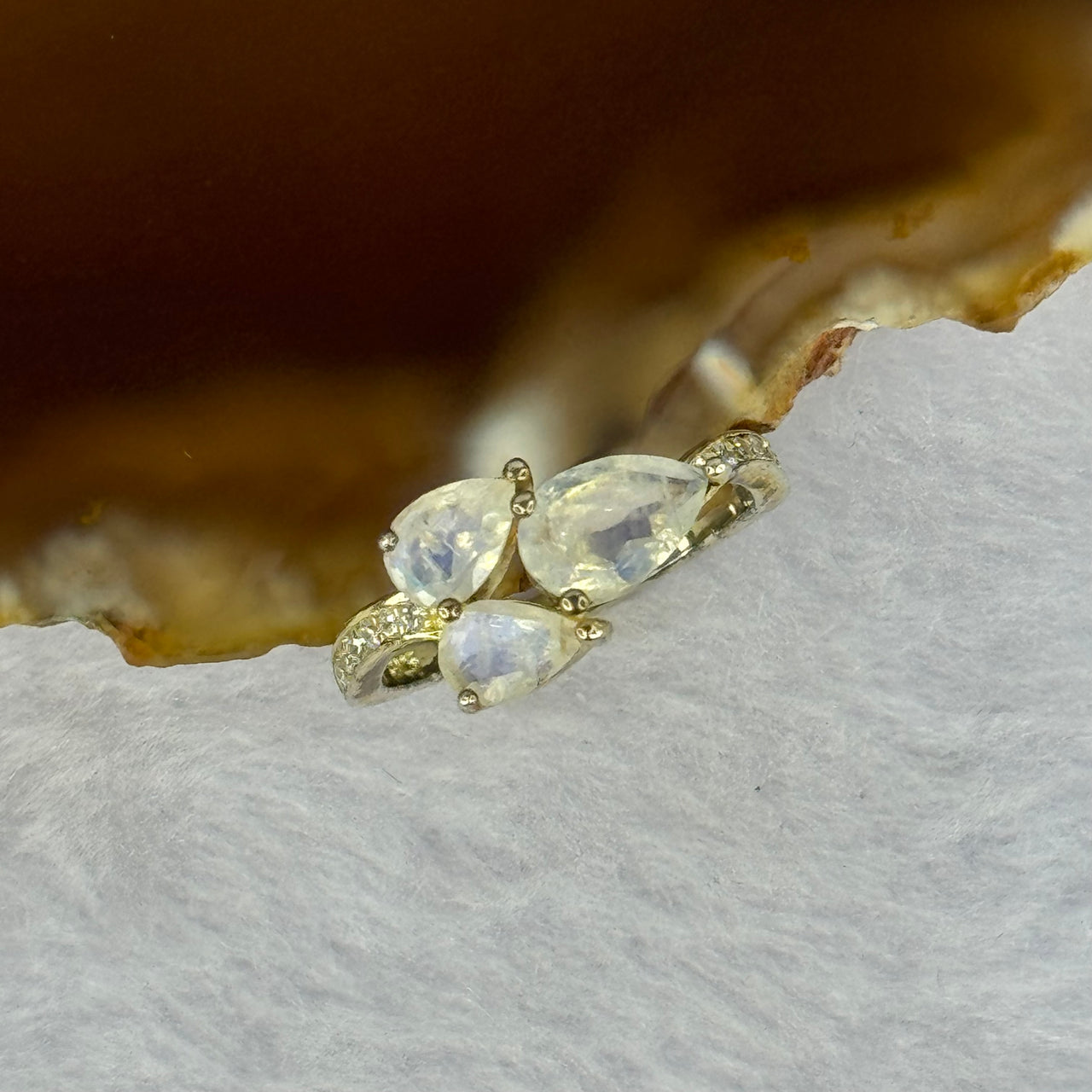 Natural Moonstone In S925 Sliver Ring in Gold Color 2.34g 8.5 by 4.8 by 3.1mm US6 HK13 - Huangs Jadeite and Jewelry Pte Ltd