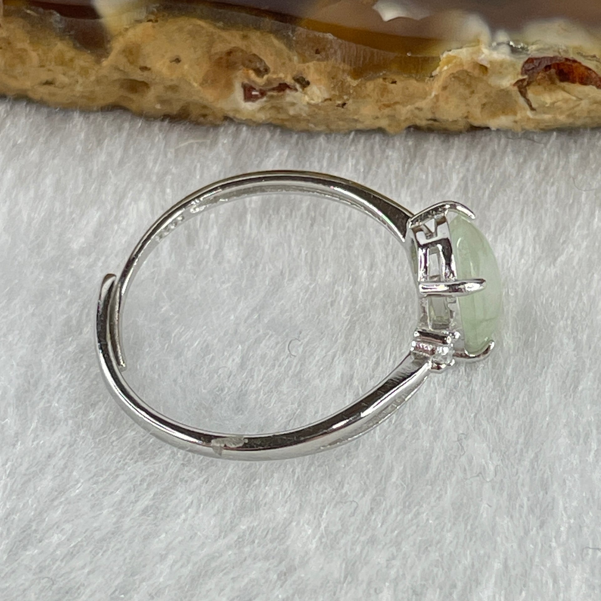 Natural Type A Semi Icy Faint Green Jadeite Oval Shape Cabouchon in S925 Silver Ring (Adjustable Size) 1.18g 8.8 by 6.4 by 3.0mm - Huangs Jadeite and Jewelry Pte Ltd
