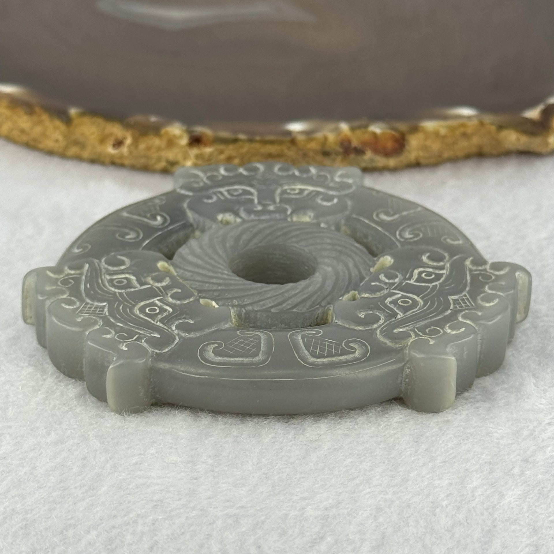 Rare Natural Greyish Lavender Nephrite 3 Mystical Beasts Double Ping An Kou Donut Ornament for Protection and Prosperity 108.05g 80.3 by 73.8 by 10.9mm - Huangs Jadeite and Jewelry Pte Ltd