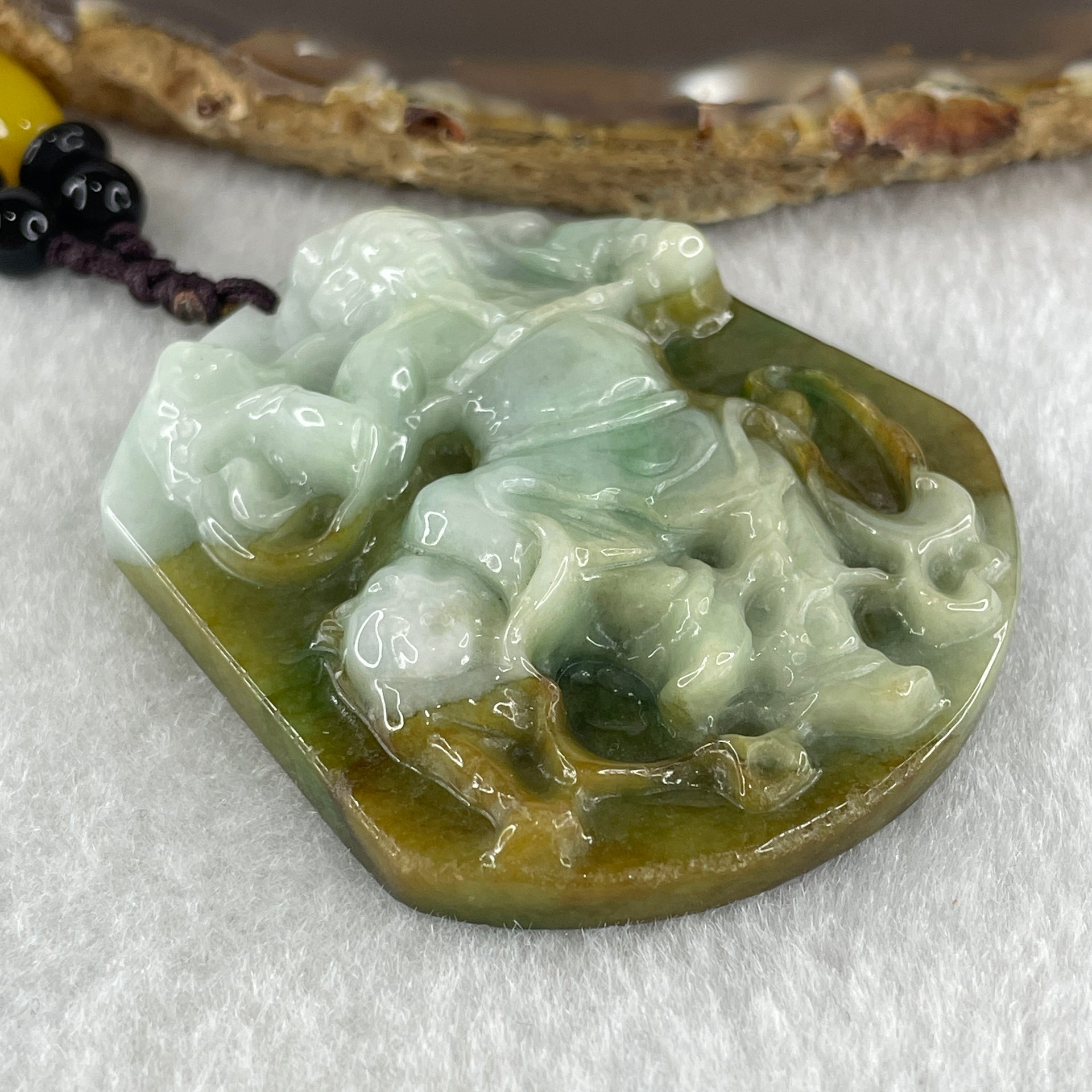 Type A Natural Light with Dark Green Jadeite Wu Cai Shen Zhao Gong Ming God of Wealth with Tiger Pendant 55.47g 53.6 by 47.1 by 4.4mm - Huangs Jadeite and Jewelry Pte Ltd