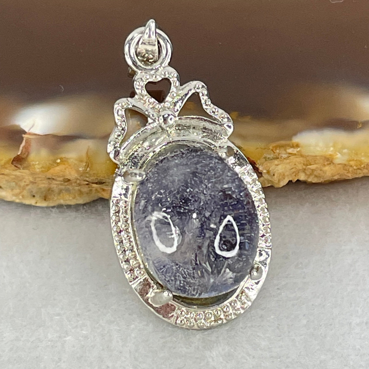 Good Grade Rare Natural Blue Dumortierite Rutilated Quartz in S925 Pendant 3.67g 12.7 by 10.9 by 7.5mm - Huangs Jadeite and Jewelry Pte Ltd