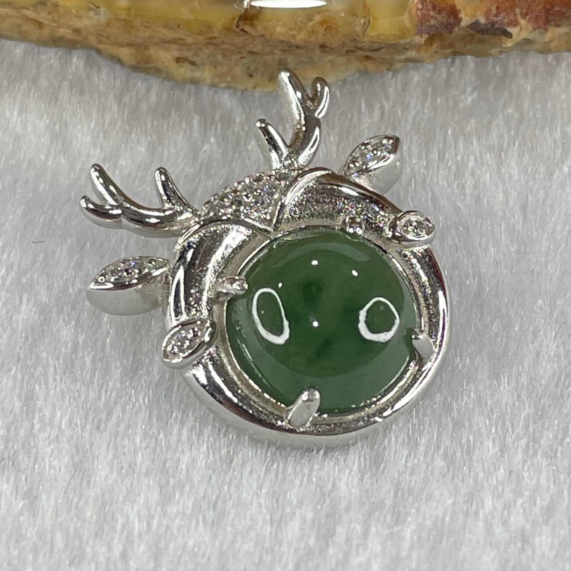 Type A Semi Icy Blueish Green Jadeite in S925 Sliver Reindeer with Crystal Charm 2.73g 9.5 by 4.5mm - Huangs Jadeite and Jewelry Pte Ltd