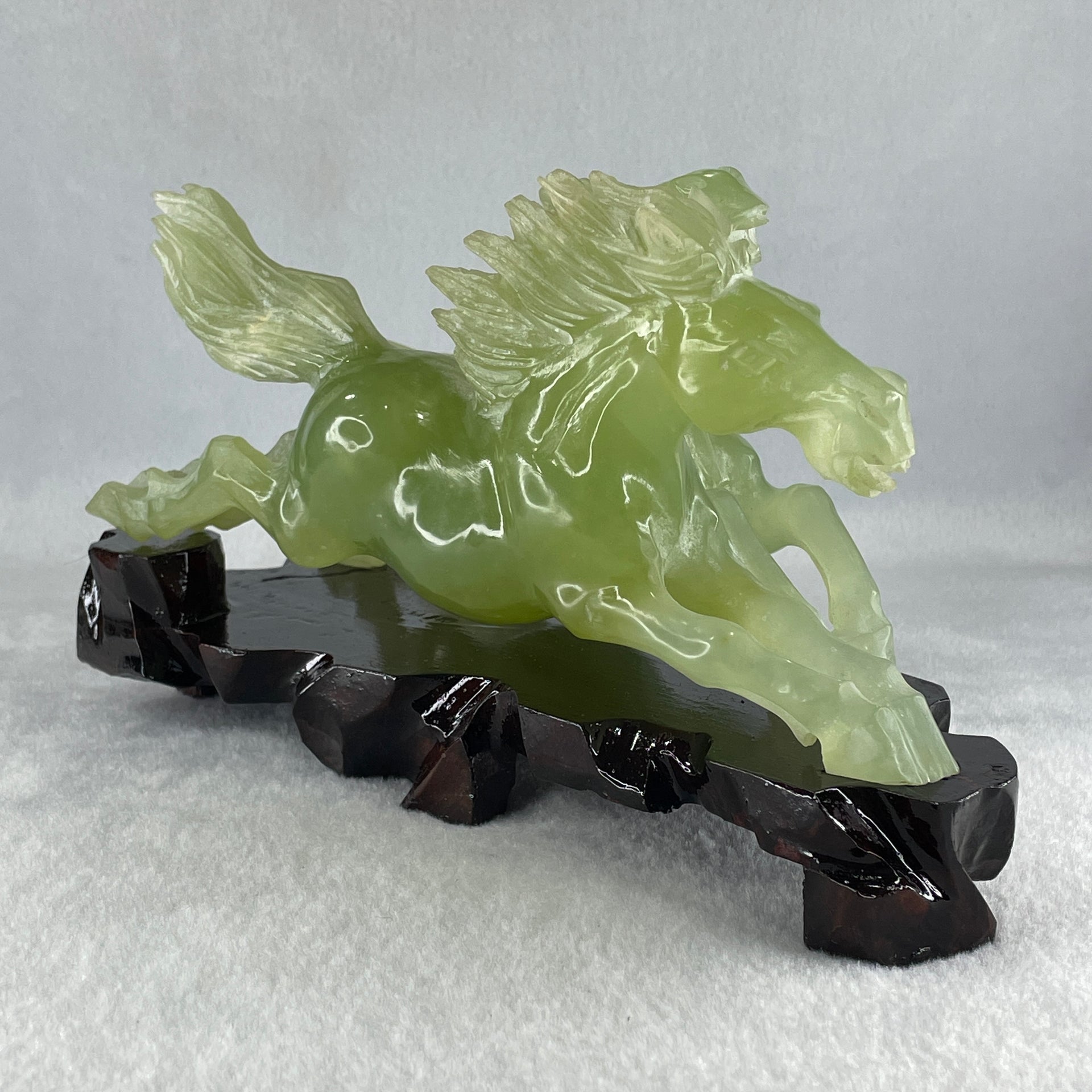 Natural Green Serpentine Double Horse with Wooden Stand Display 971.8g 220.0 by 104.5 by 115.0mm - Huangs Jadeite and Jewelry Pte Ltd