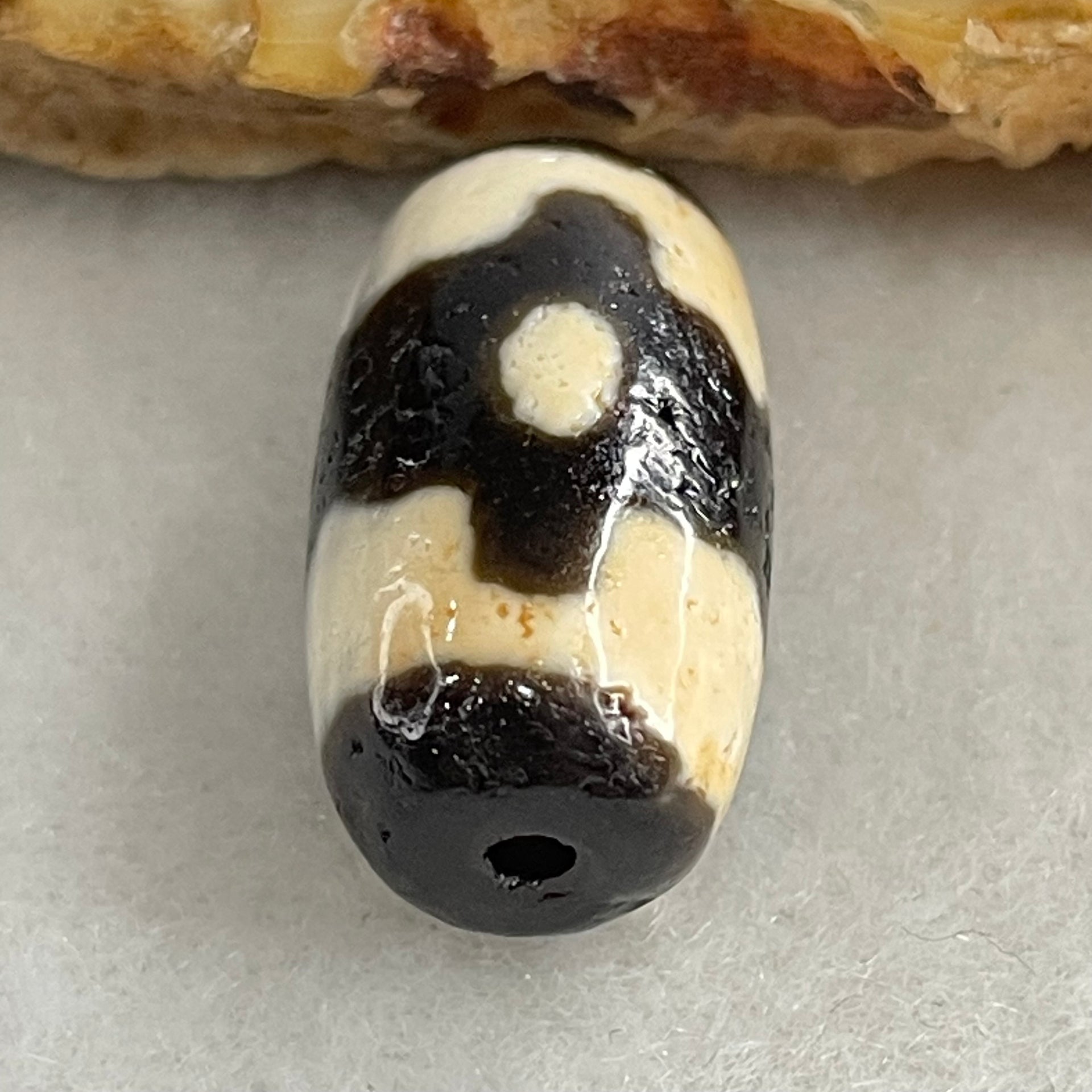 Natural Powerful Tibetan Old Oily Agate 3 Eyes Dzi Bead Heavenly Master (Tian Zhu) 三眼天诛 3.17g 18.5 by 10.3mm - Huangs Jadeite and Jewelry Pte Ltd