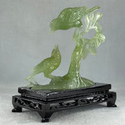 Natural Green Serpentine Double Birds on Tree with Wooden Stand Display 322.6g 74.0 by 155.0 by 75.8mm - Huangs Jadeite and Jewelry Pte Ltd