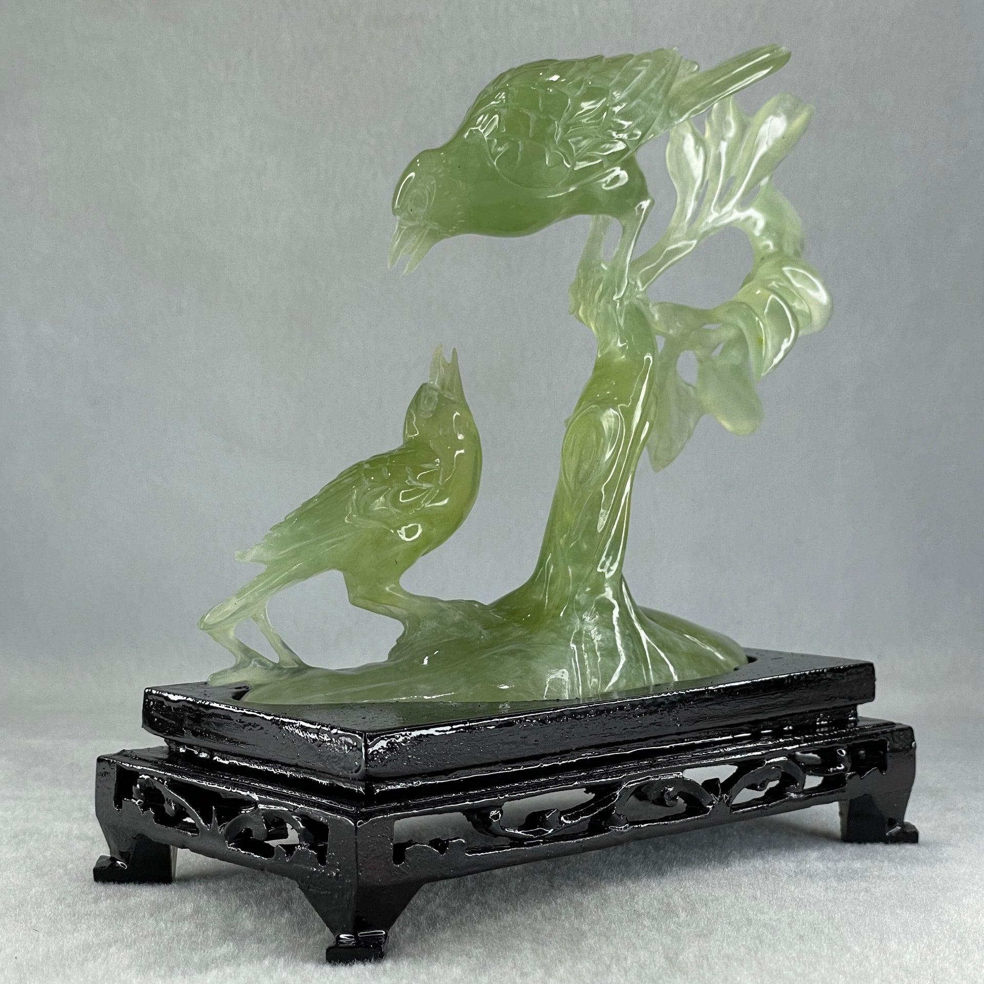 Natural Green Serpentine Double Birds on Tree with Wooden Stand Display 322.6g 74.0 by 155.0 by 75.8mm - Huangs Jadeite and Jewelry Pte Ltd