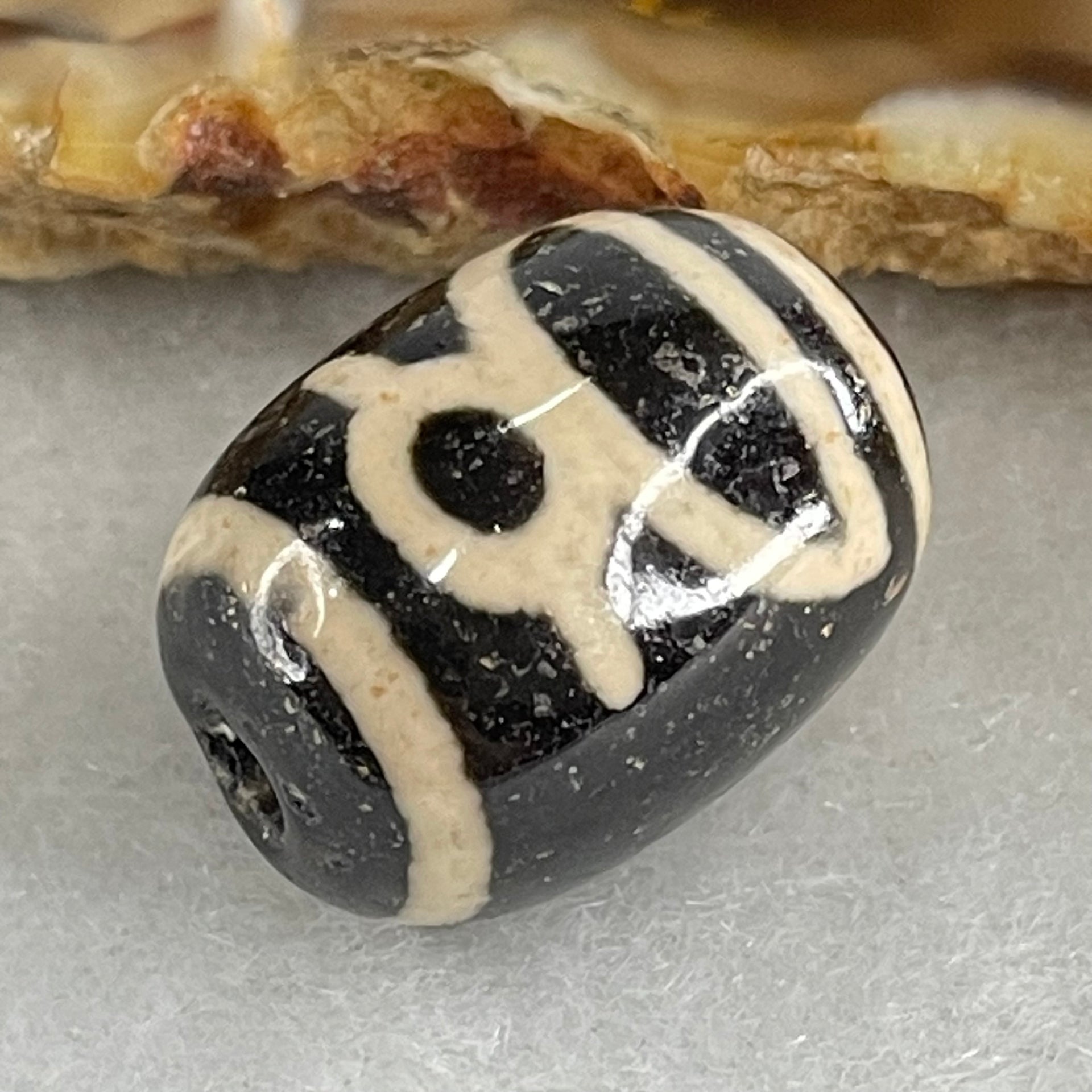 Natural Powerful Tibetan Old Oily Double Agate Cai Shen Dzi Bead Heavenly Master (Tian Zhu) 财神长天珠 4.86g 17.7 by 13.4mm - Huangs Jadeite and Jewelry Pte Ltd