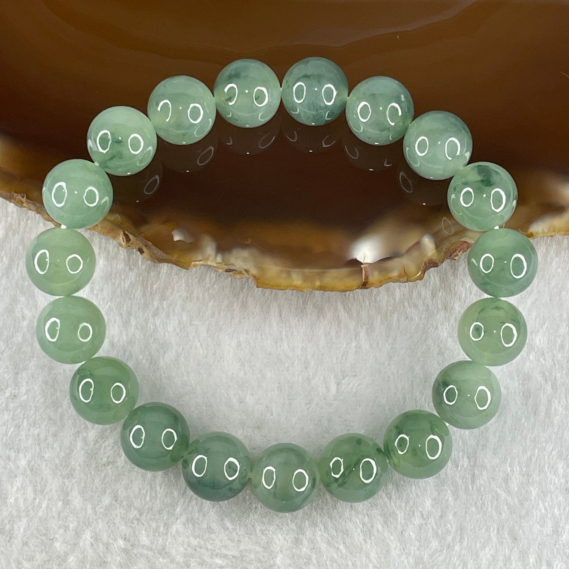 Tye A Natural Jelly Semi Icy Green with Dark Green Piao Hua Jadeite Beads Bracelet 28.75g 14.5cm 9.6mm 19 Beads - Huangs Jadeite and Jewelry Pte Ltd