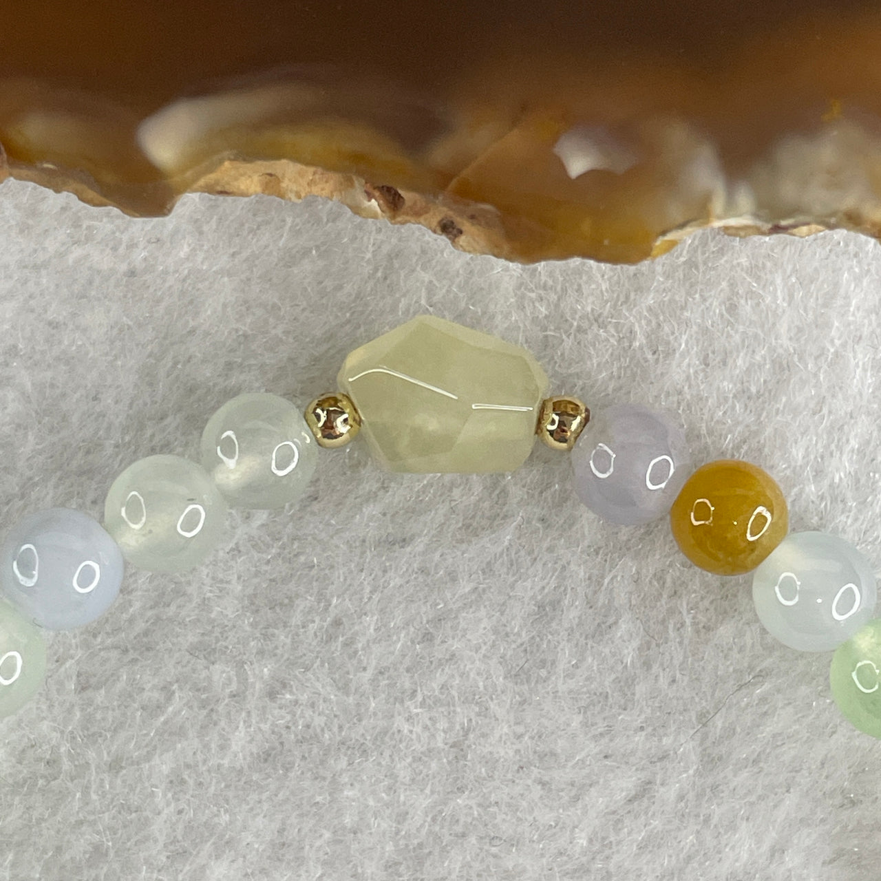 Natural Type A Semi Icy Muti Color Jadeite Beads with Lotus Flower Charm Bracelet12.24g 16cm 5.1mm 25Beads - 9.9mm 1 Beads- 9.6mm 1Beads