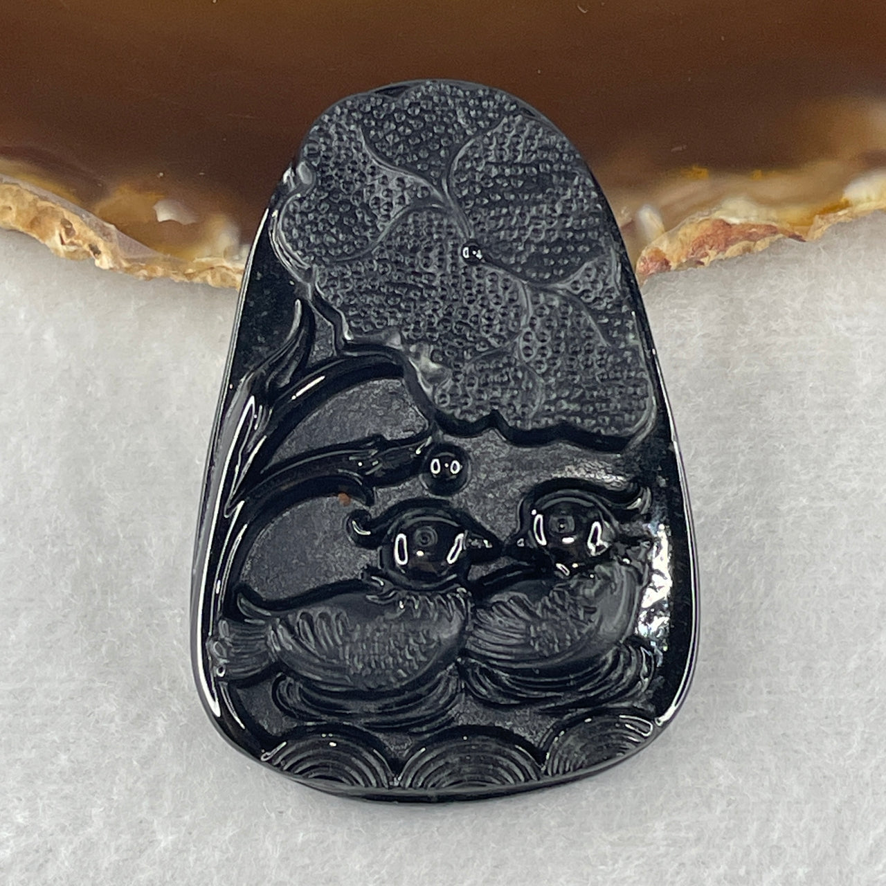 Certified Natural Type A Black Omphacite Jadeite Mandarin Ducks Pair and Lotus Leaf Pendant 20.65g 51.6 by 35.7 by 9.0mm