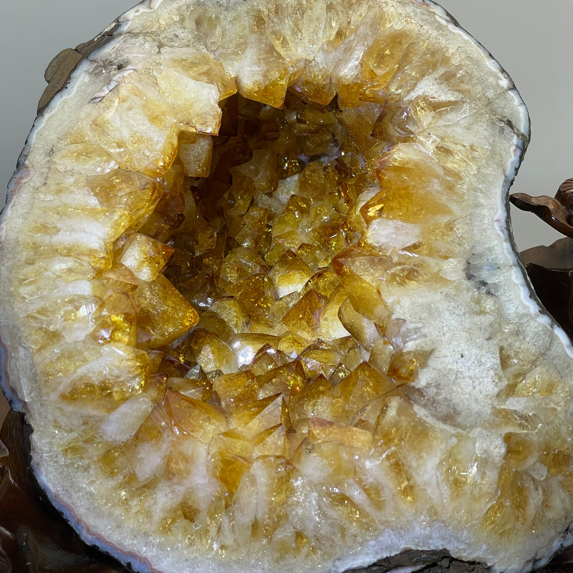 Natural Irregular Pocket Shape Citrine Cave with Wooden Stand Display 14,866.3g 235.0 by 335.0 by 310.0mm - Huangs Jadeite and Jewelry Pte Ltd