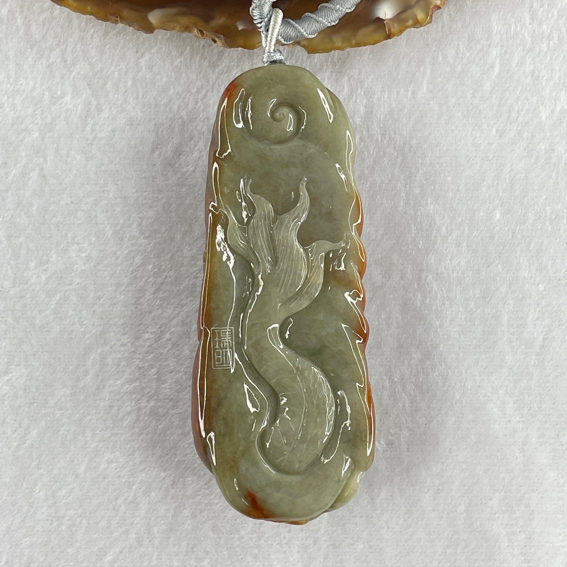 Grand Mater Type A Brownish Red with Green Jadeite Dragon Double Side Pendant 104.37g 81.8 by 1.9 by 22.5mm - Huangs Jadeite and Jewelry Pte Ltd