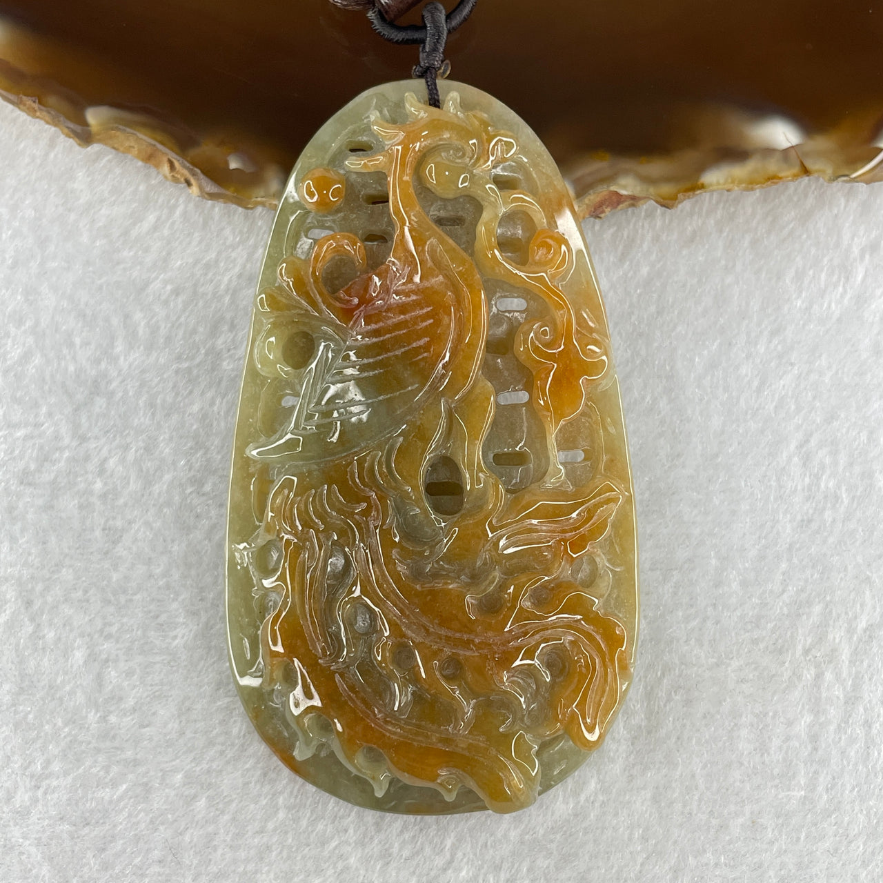 Natural Type A Brownish Yellow with Blueish Green Jadeite Phoenix Pendant 64.78g 75.2 by 42.7 by 11.6mm