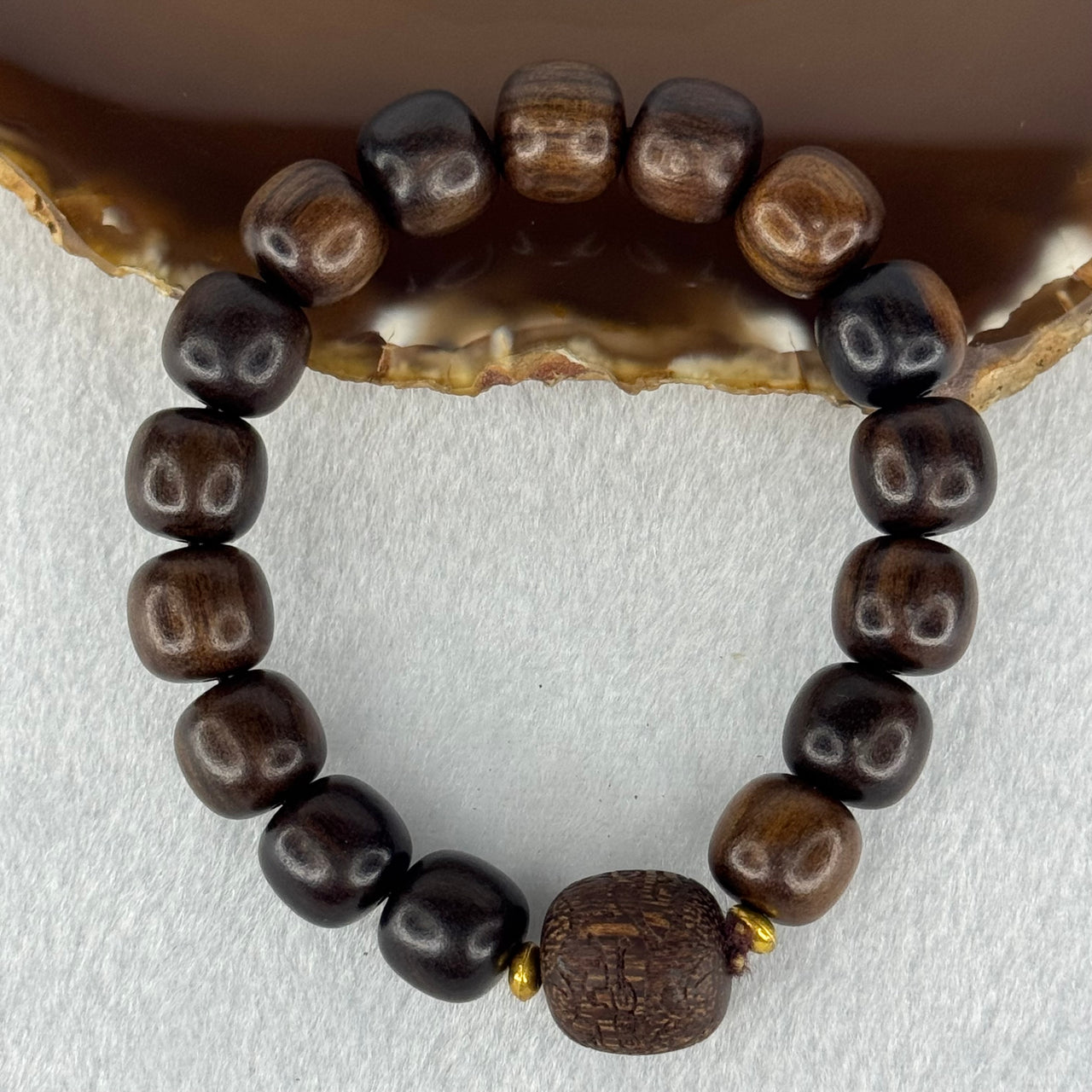 Natural Rosewood Beads Bracelet 17.40g 17.5cm 12.0mm 16 Beads 15.2 by 14.9mm x 1 Pixiu Pair with Coin Carvings Bead - Huangs Jadeite and Jewelry Pte Ltd