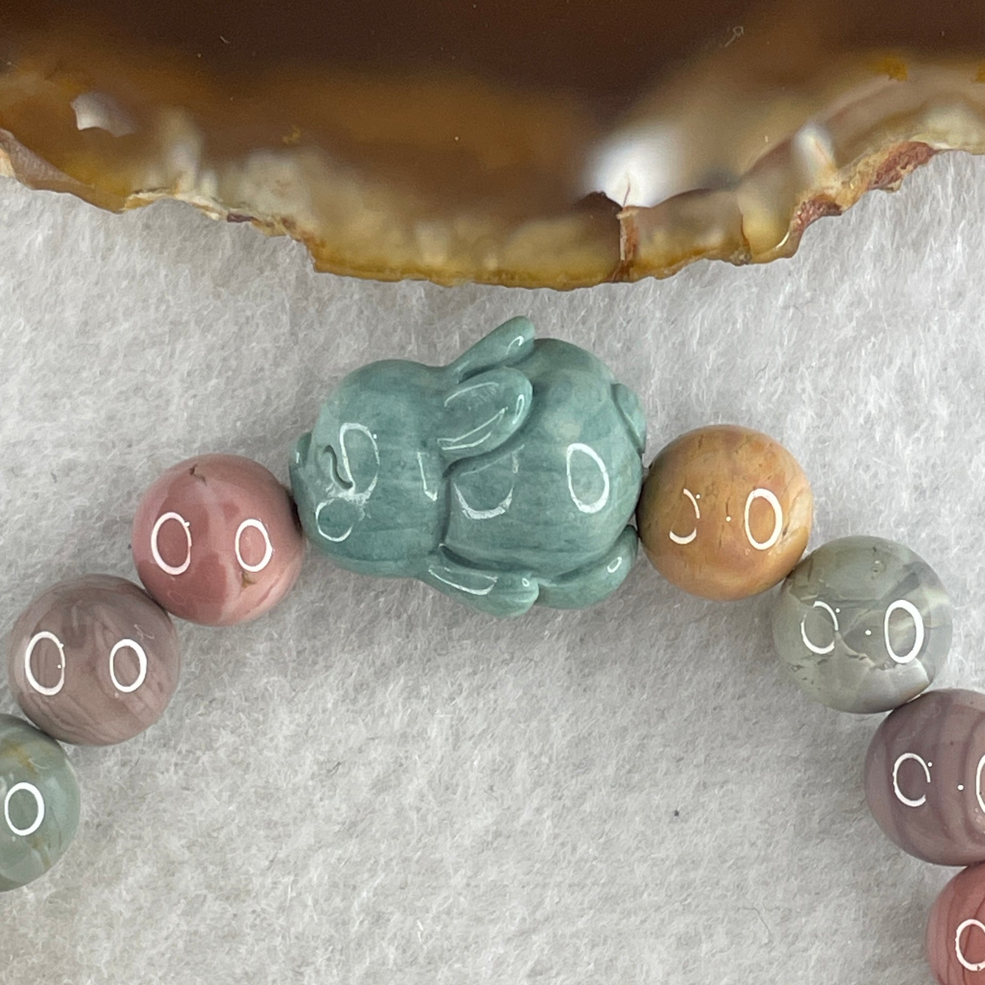 Natural Alashan Agate Pastels Pink Beads with Rabbit Charm Bracelet 21.69g 15.5cm 8.8mm 20Beads - Huangs Jadeite and Jewelry Pte Ltd