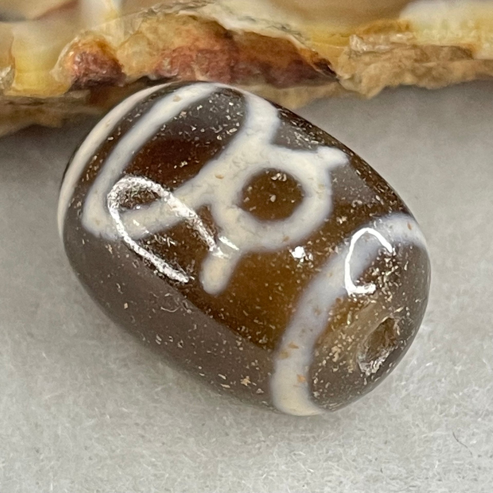 Natural Powerful Tibetan Old Oily Double Agate Cai Shen Dzi Bead Heavenly Master (Tian Zhu) 财神长天珠 4.62g 17.5 by 13.1mm - Huangs Jadeite and Jewelry Pte Ltd