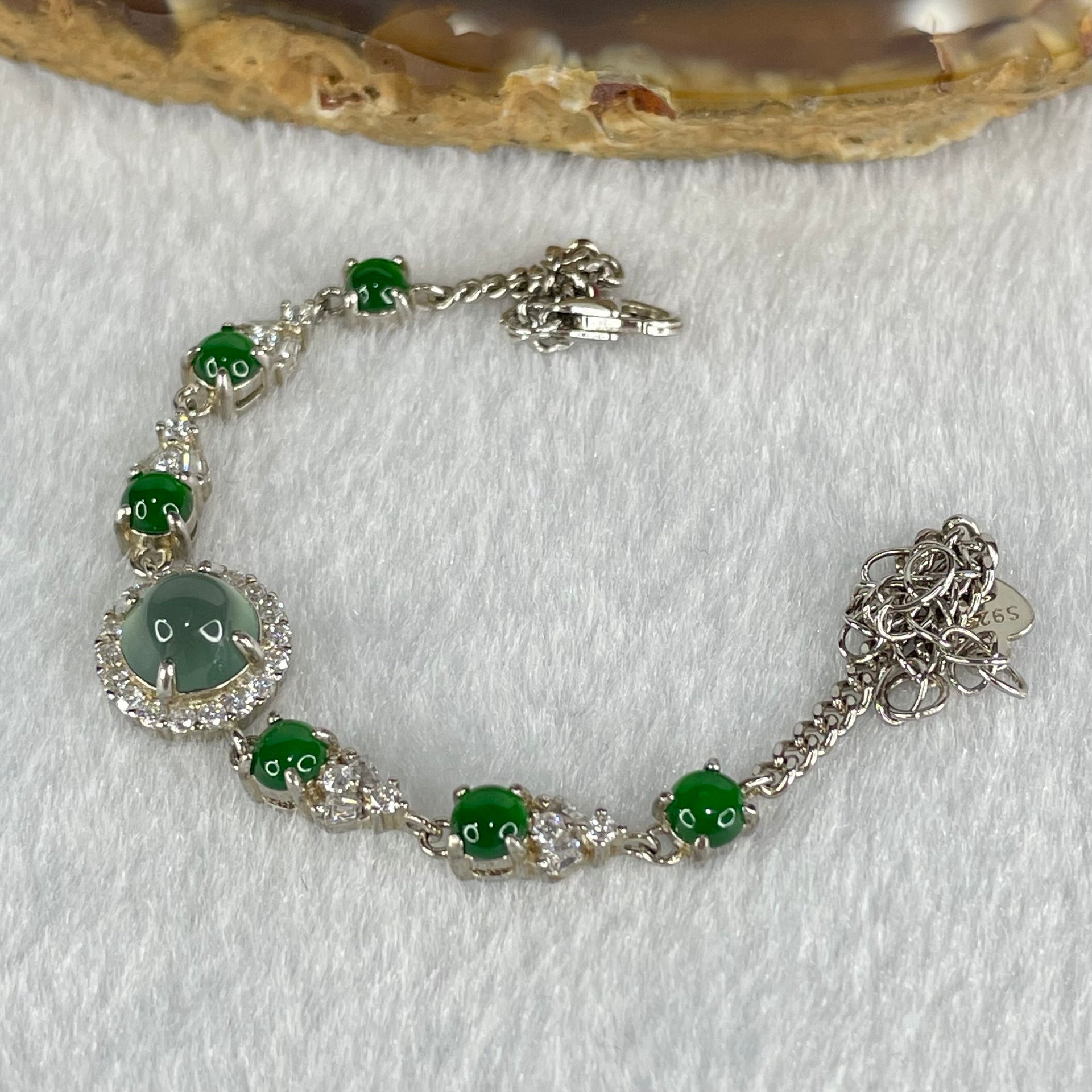 Type A Icy Blueish Green 6.8 by 4.0mm and Icy Green Omphasite Jadeite Cabochon With Crystals in S925 Sliver Bracelet 4.75g - Huangs Jadeite and Jewelry Pte Ltd