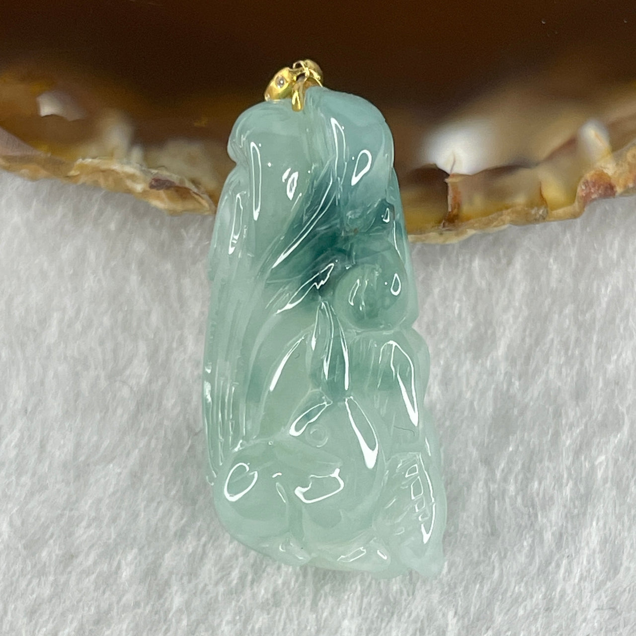 Certified Natural Type A Semi Icy Light Green with Blueish Green Piao Hua Jadeite 9 Tail Fox Pendant in 18K Gold Clasp and 3 Diamonds 9.06g 30.7 by 15.7 by 10.6mm