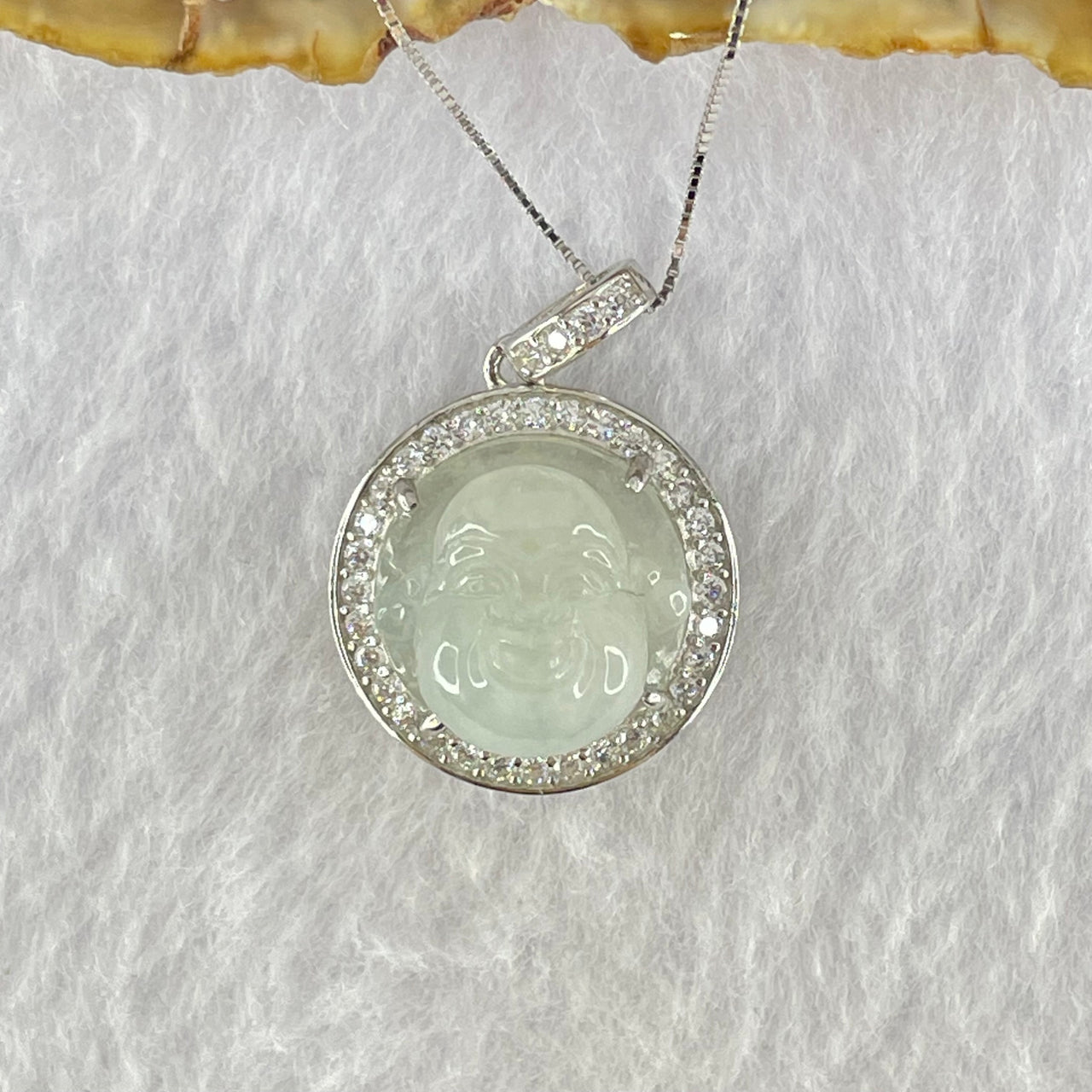 Type A Faint Green Lavender Milo Buddha with Crystals in S925 Sliver Pendant and Necklace 6.23g 14.9 by 14.9 by 7.5mm - Huangs Jadeite and Jewelry Pte Ltd