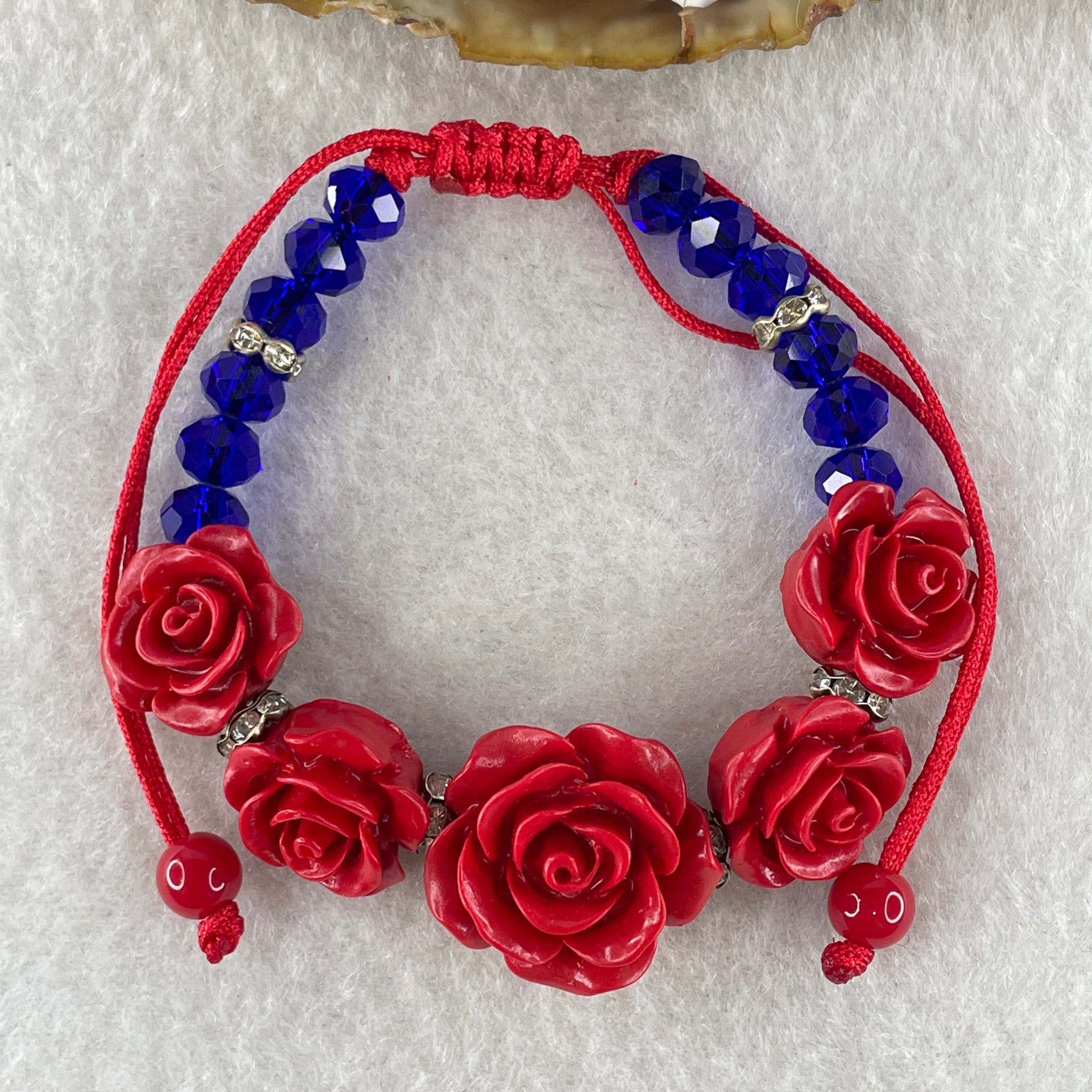 Red Clay Flower with Blue Man Made Bracelet 9.50g 1 bead-18.5 by 10.1mm -4 beads 15.2 by 8.1mm - Huangs Jadeite and Jewelry Pte Ltd