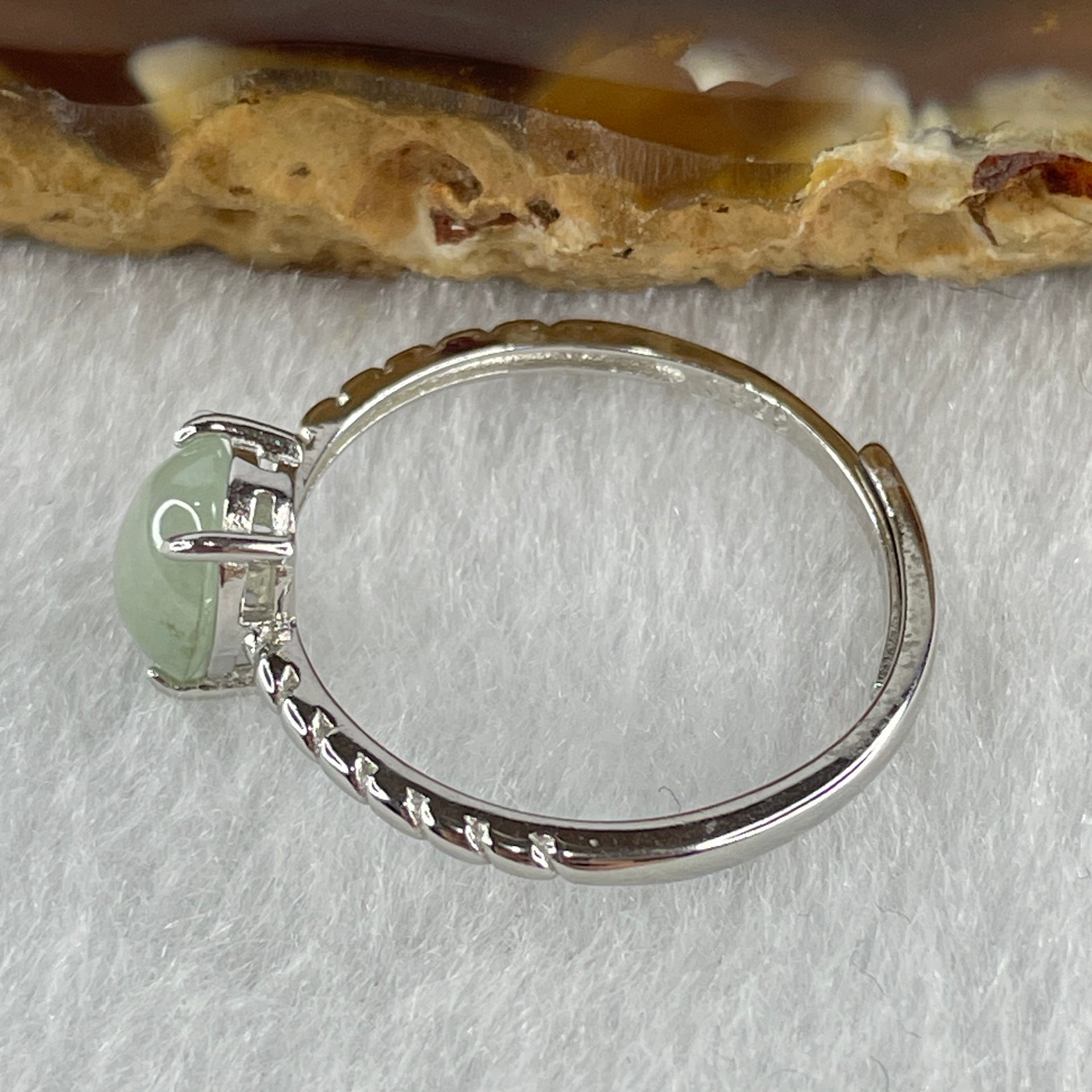 Natural Type A Semi Icy Faint Green Jadeite Oval Shape Cabouchon in S925 Silver Ring (Adjustable Size) 1.47g 7.4 by 6.5 by 4.5mm - Huangs Jadeite and Jewelry Pte Ltd