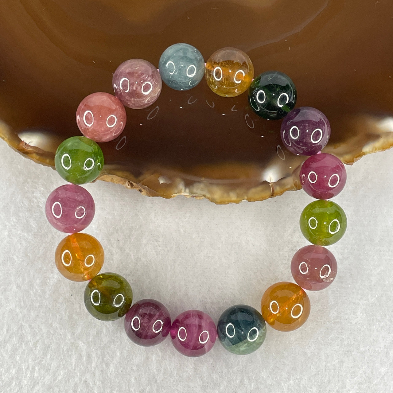 Good Grade Natural Rainbow Tourmaline Crystal Beads Bracelet | 11.7mm Multi-Chromatic Energy (40.59g | 15.5cm Wrist Sizing | 17 Beads)