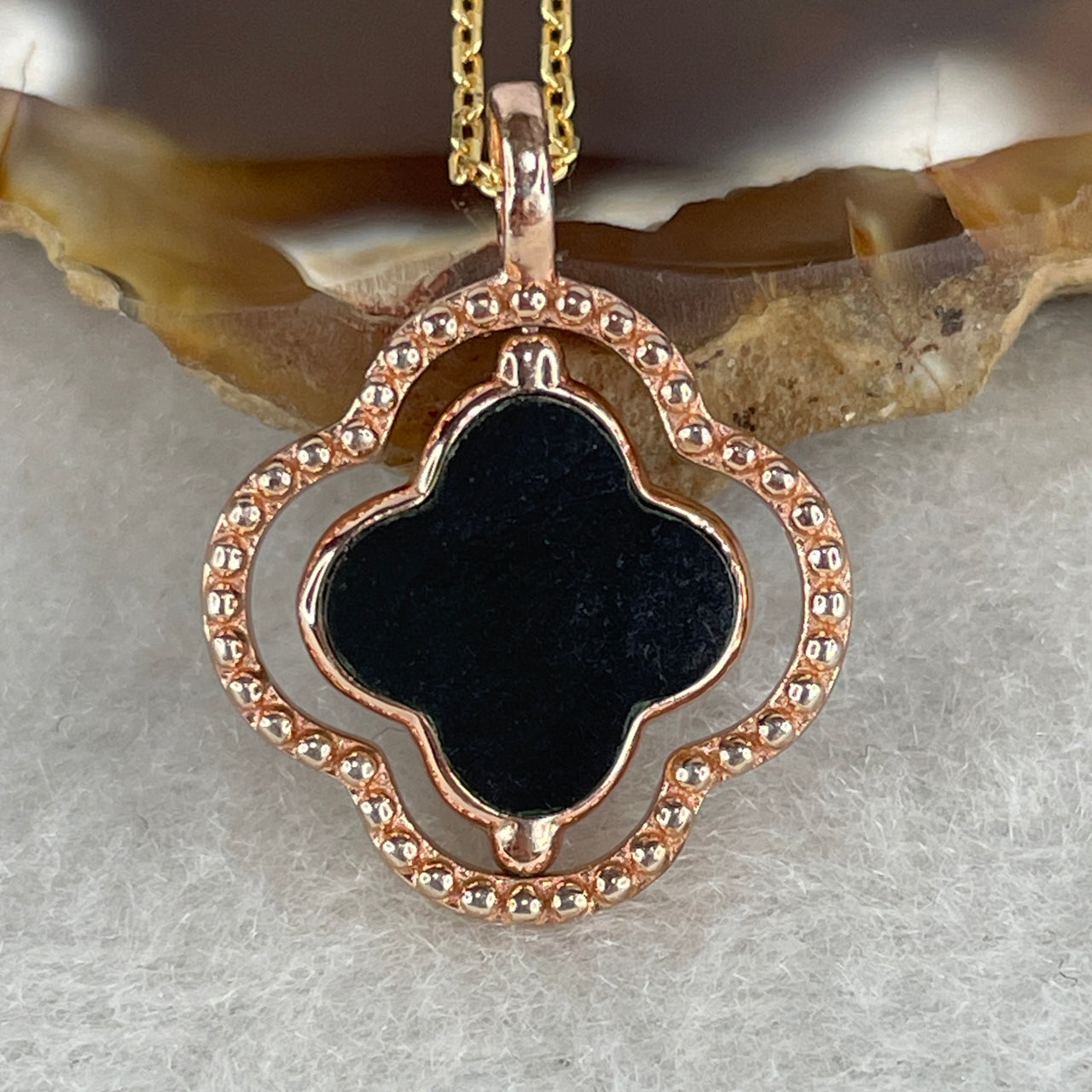 Type A Fully Translucent Black Omphacite Jadeite Spinning Four-Leaf Clover Necklace | Gold Color S925 Silver | 40-44cm Choker Length (3.39g 9.5x2.0mm)