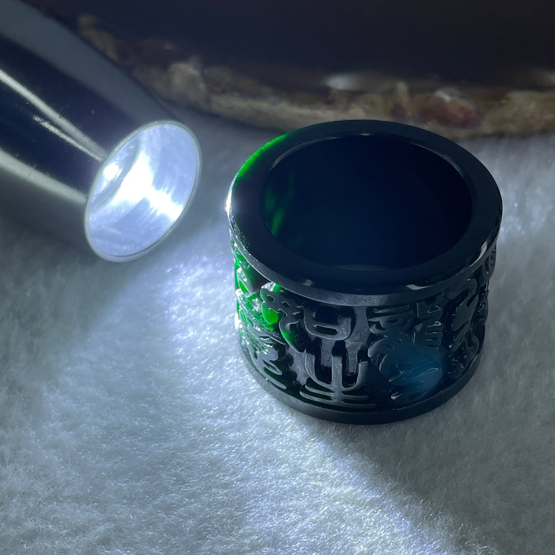 Rare Type A Old Mine Full Spicy Green Jade Jadeite Dragon Ring 17.59g US 14.75 HK 33.5 Inner Diameter 23.7mm Thickness 21.6 by 3.4 - Huangs Jadeite and Jewelry Pte Ltd