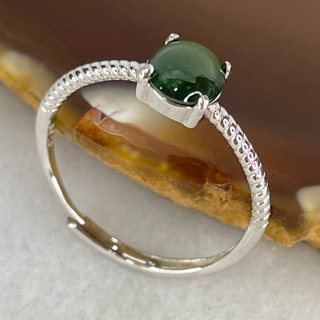 Type A Dark Green Cabochon Jadeite in S925 Sliver Ring (Adjustable Size) 1.15g 6.6 by 5.8 by 2.5mm - Huangs Jadeite and Jewelry Pte Ltd