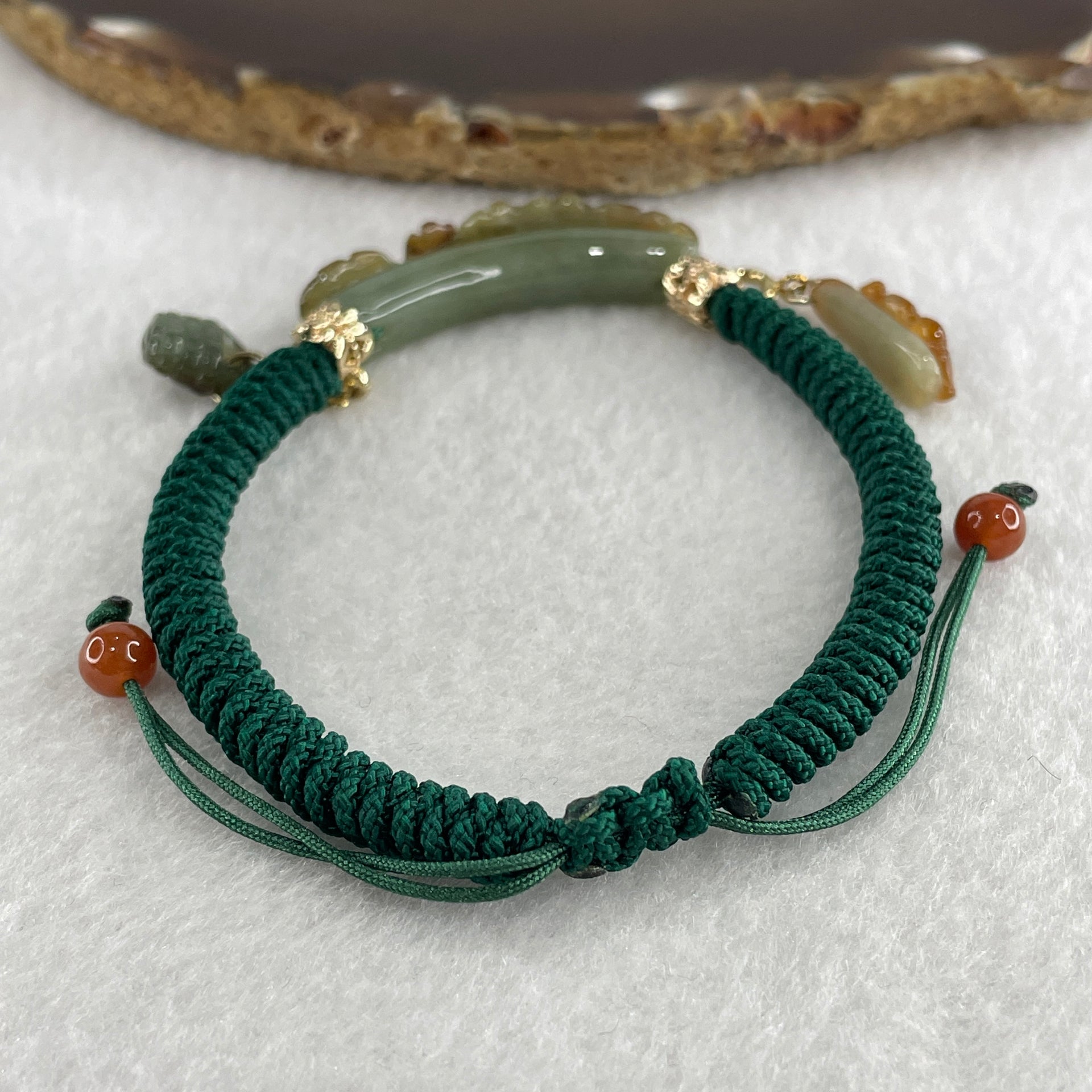 Natural Type A Brownish with Green Jadeite Flowers with Gold Fish and Bag Charms Bracelet 12.29g 17cm 7.0 by 10.9mm - Huangs Jadeite and Jewelry Pte Ltd