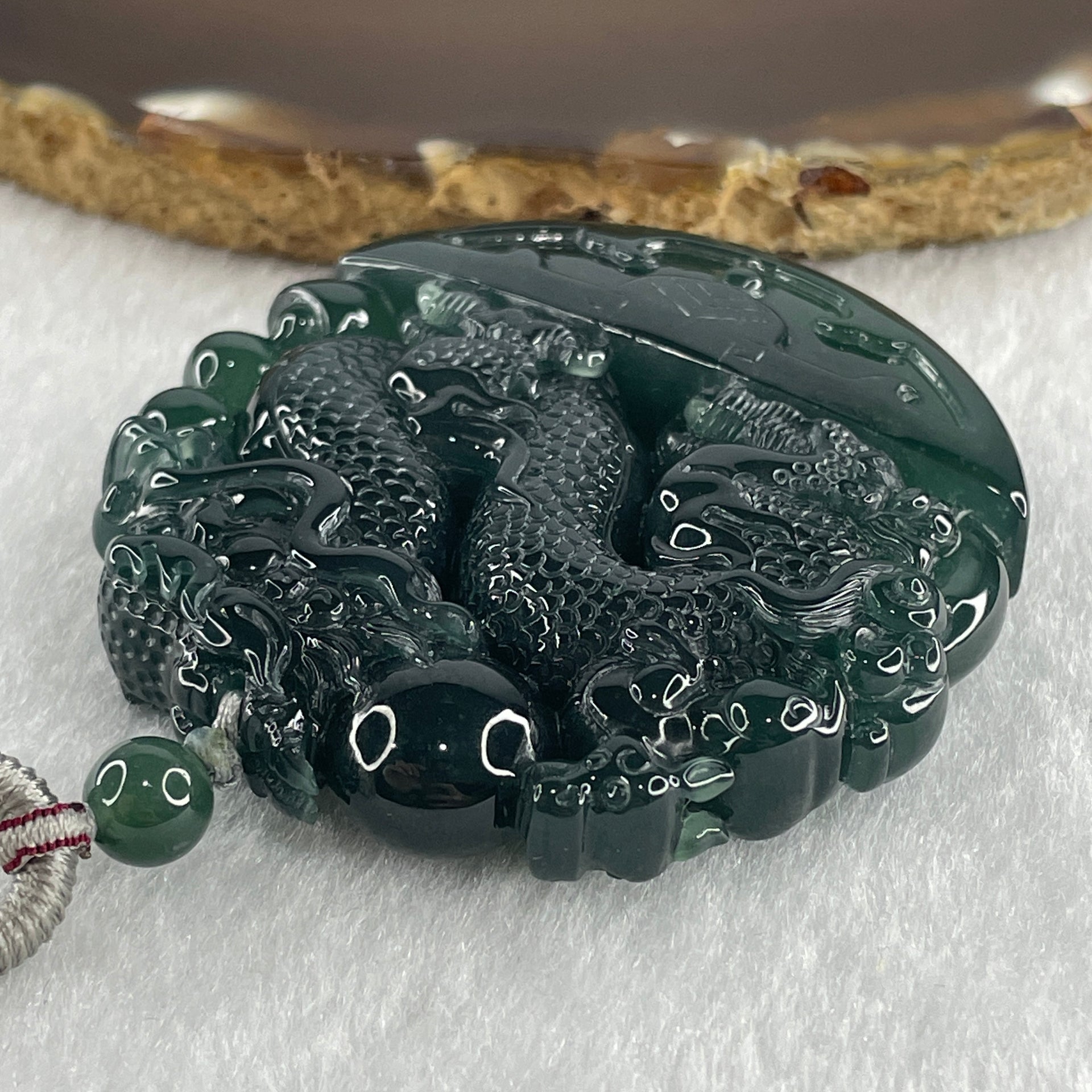 Type A Semi Icy Blueish Green Jadeite Double Dragon Pendant 71.30g 54.0 by 11.9mm - Huangs Jadeite and Jewelry Pte Ltd